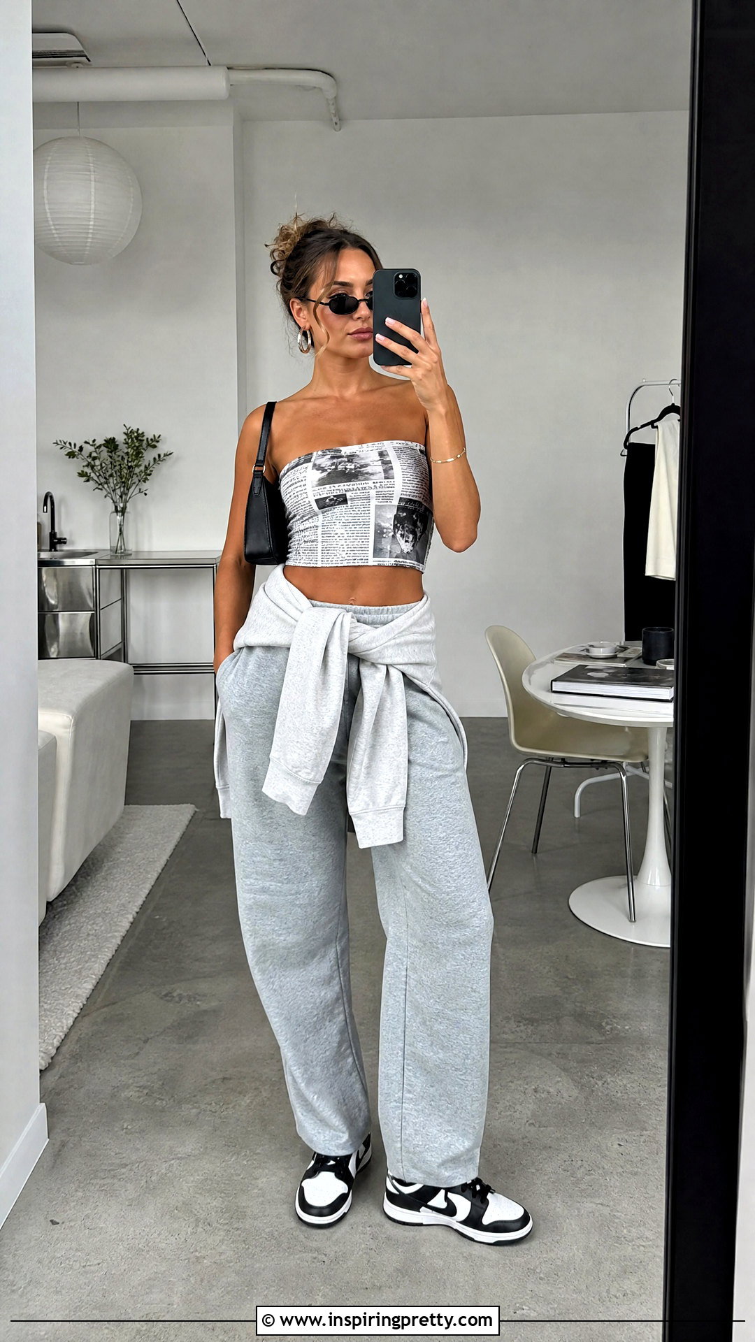 Newspaper Tube Top With Gray Sweatpants And Retro Sneakers - 25 Newspaper Tube Top outfit ideas