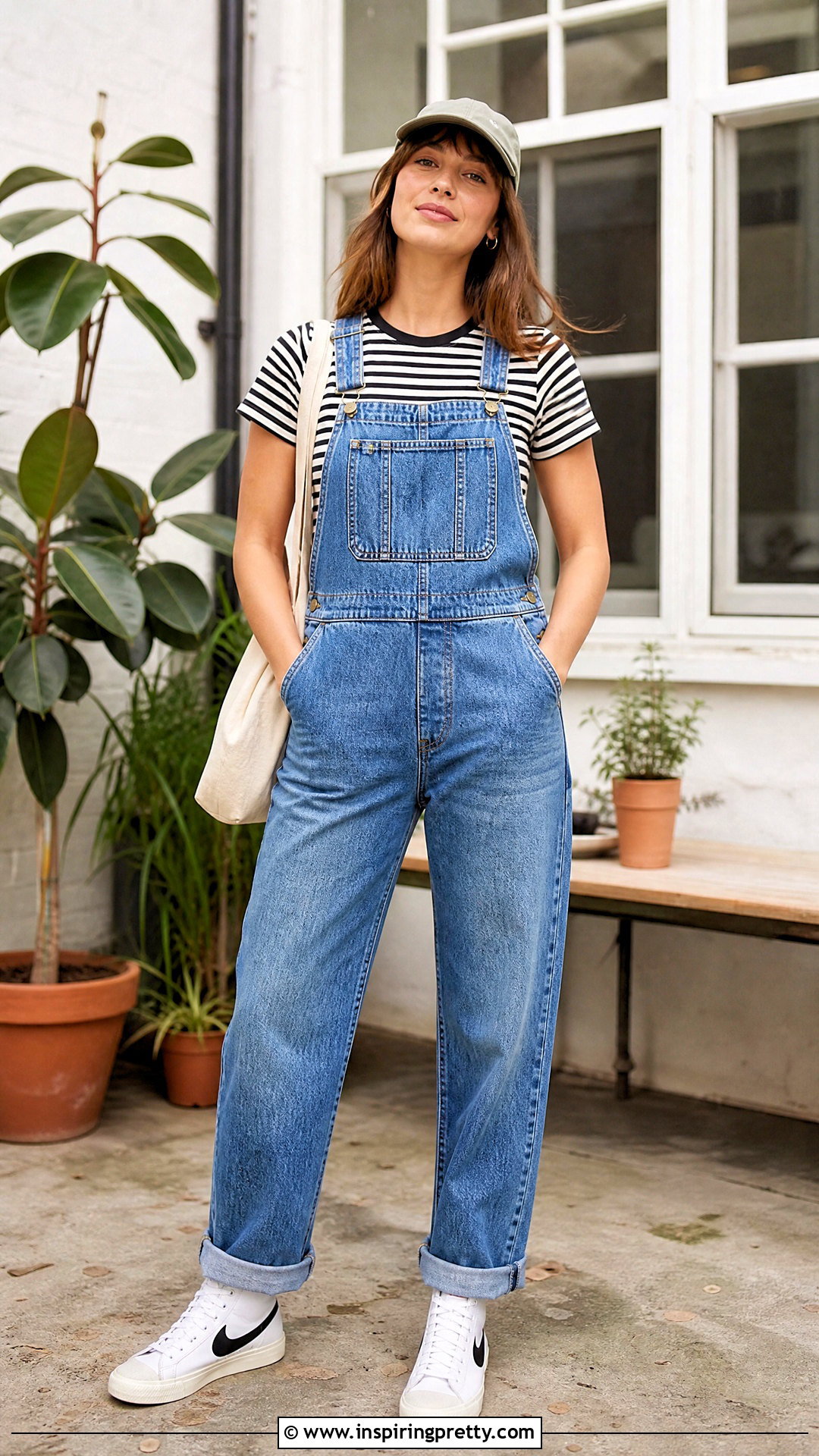 Nike Blazer With Overalls and Striped T Shirt - 20 nike blazer top outfit ideas