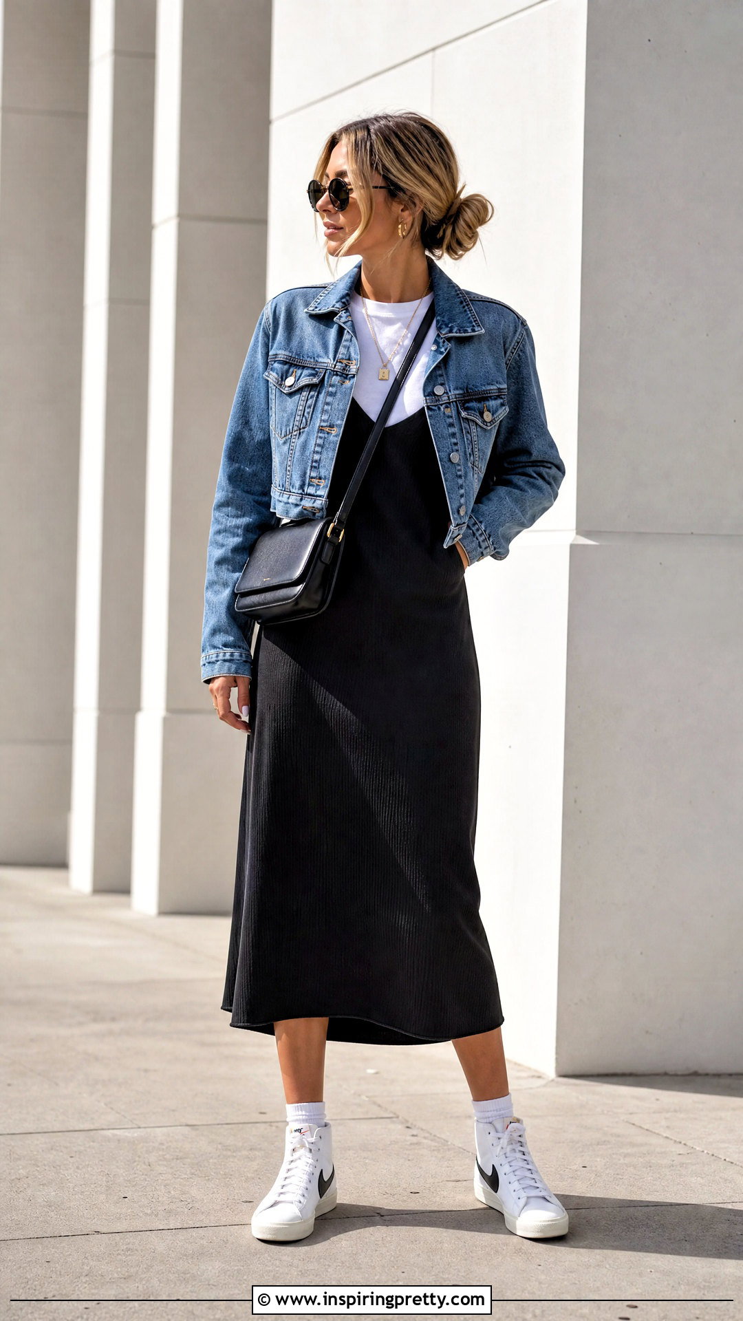 Nike Blazer With Slip Dress and Denim Jacket - 20 nike blazer top outfit ideas