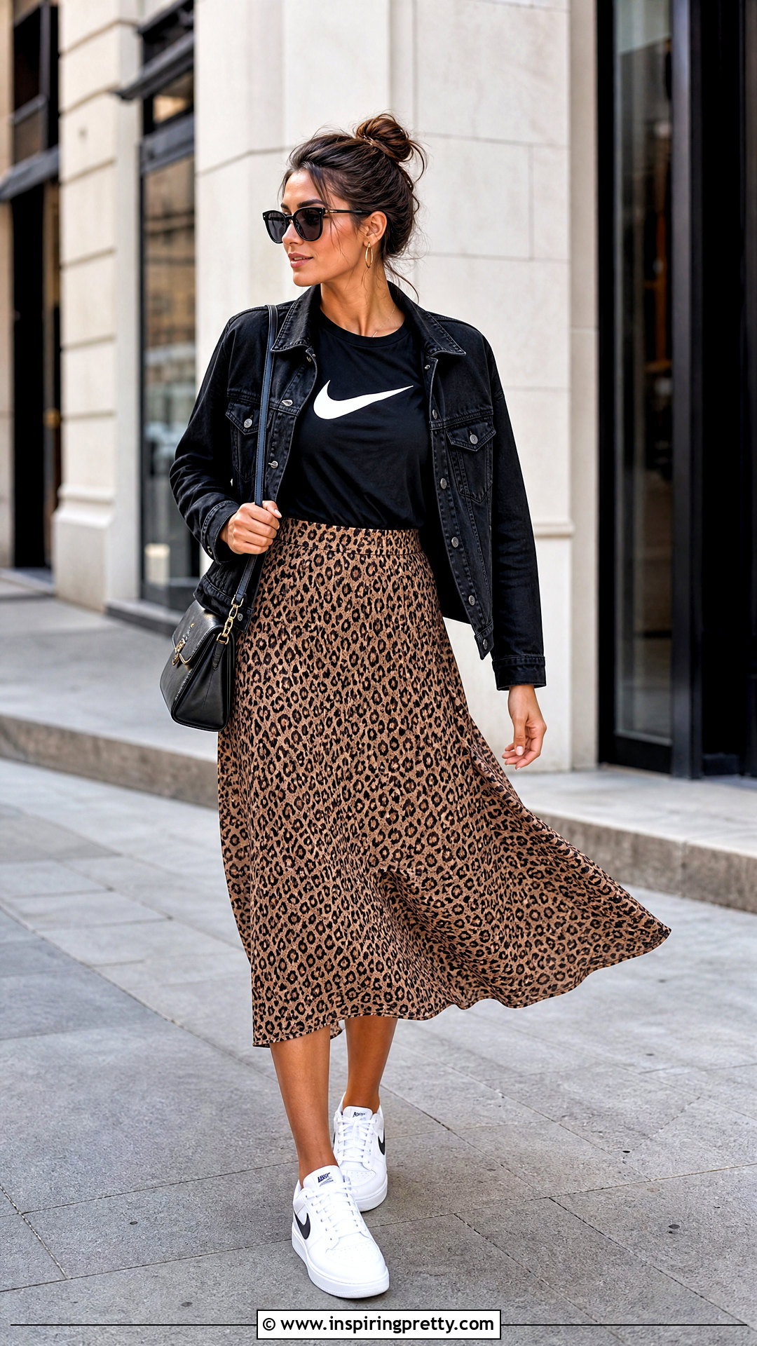 Nike Logo Tee With Leopard Midi Skirt - 25 nike top aesthetic ideas