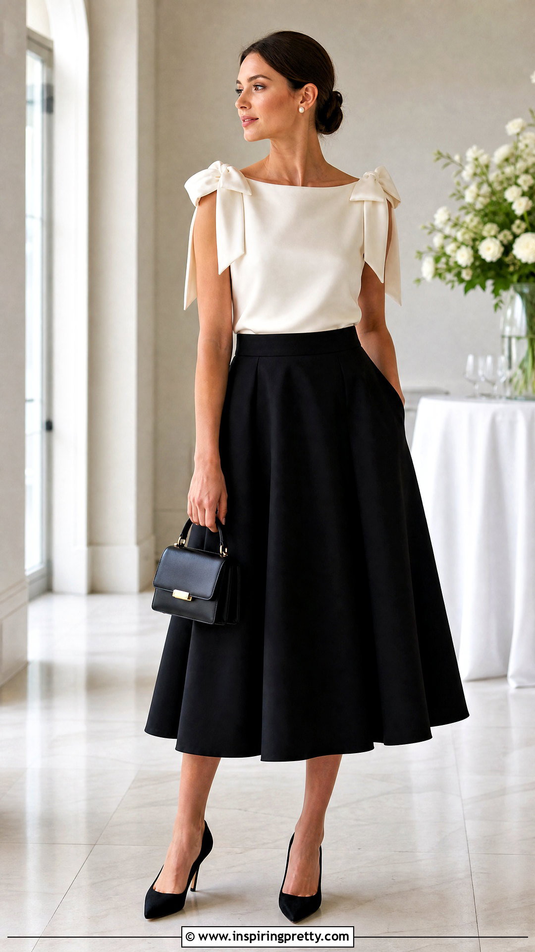 Nina Ricci Boat Neck Bow Top With Black Midi Skirt - 20 nina ricci tops outfit ideas