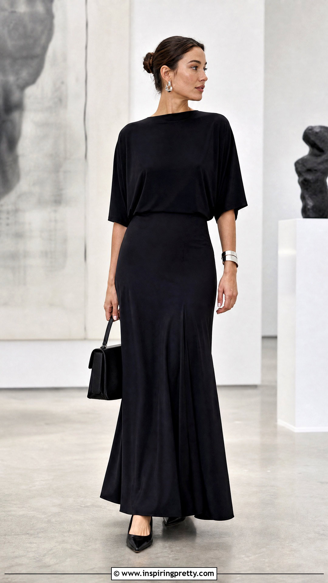 Norma Kamali Drop Shoulder Top With Black Maxi Skirt - 20 norma kamali drop shoulder top outfit ideas