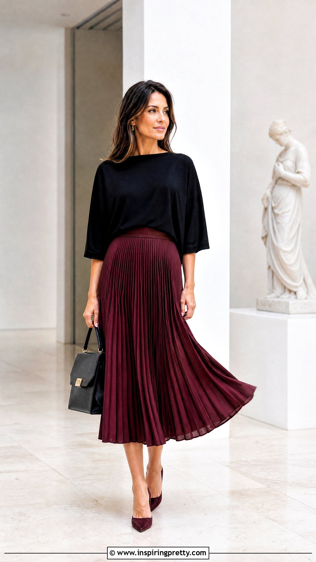 Norma Kamali Drop Shoulder Top With Pleated Midi Skirt - 20 norma kamali drop shoulder top outfit ideas
