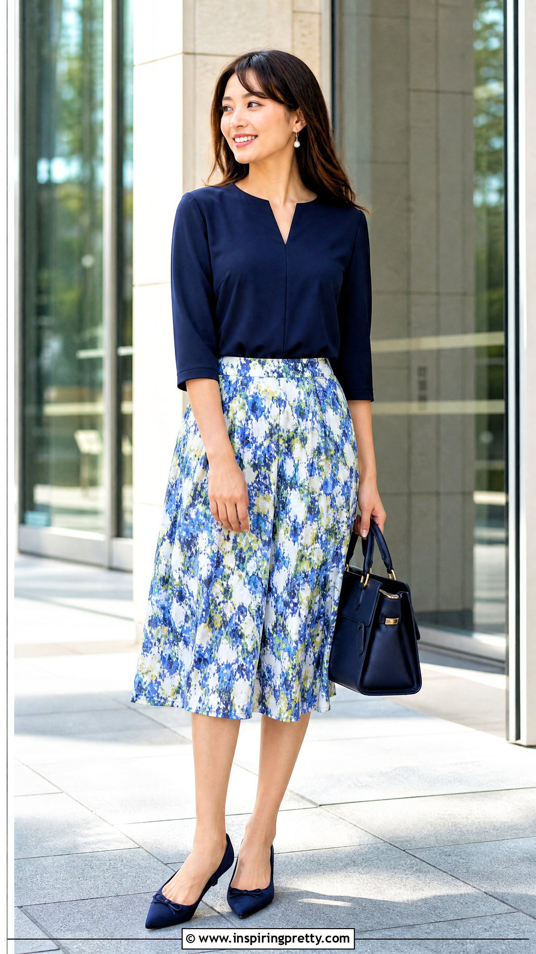 Notch Neck Blouse With A Line Skirt - 50 tops for broad shoulders for women