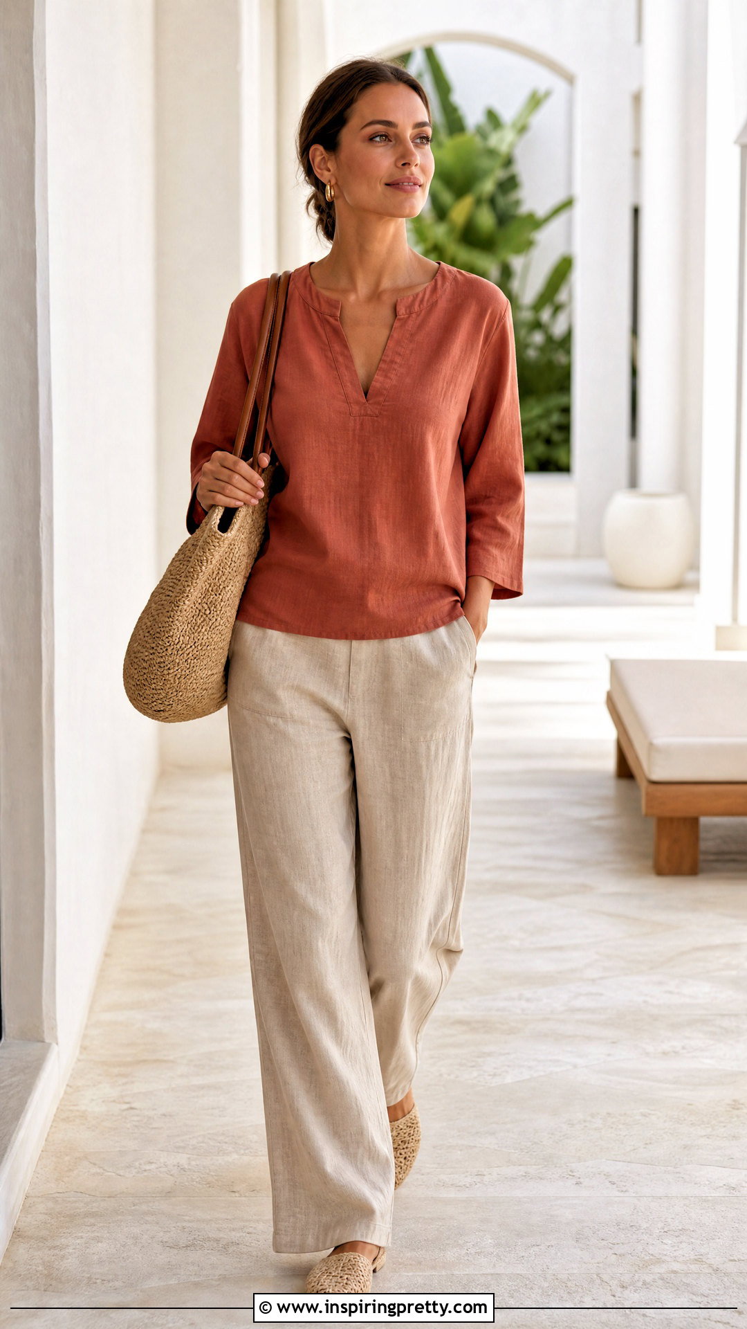 Notch Neck Top With Linen Trousers - 50 top neck designs