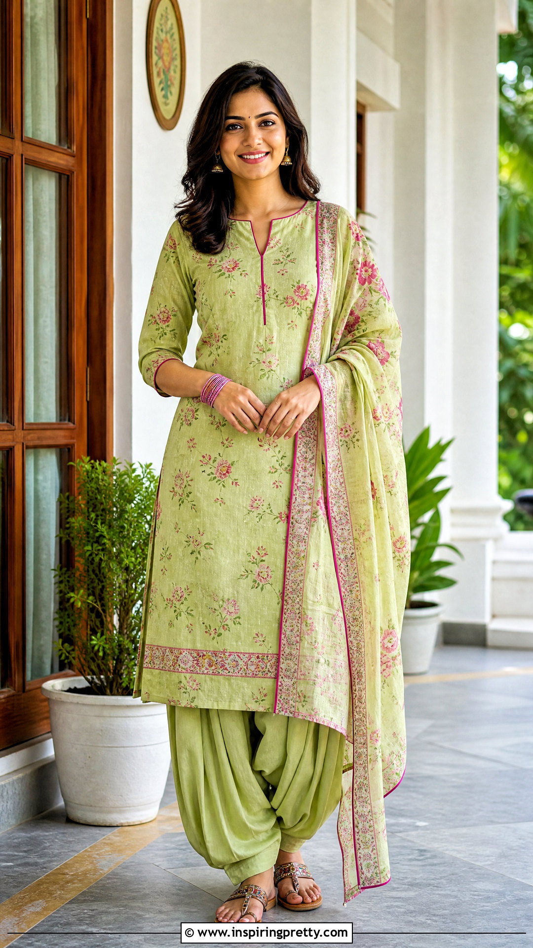 Notched Neck Kurti With Salwar Pants - 20 kurthi tops neck designs