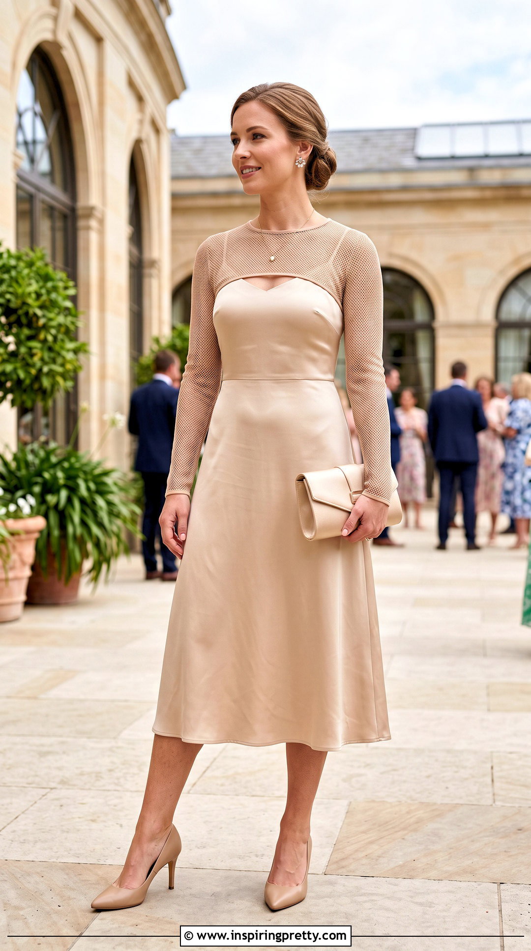 Nude Sheer Bolero Top With Formal Midi Dress - 25 Sheer Bolero Top outfit ideas