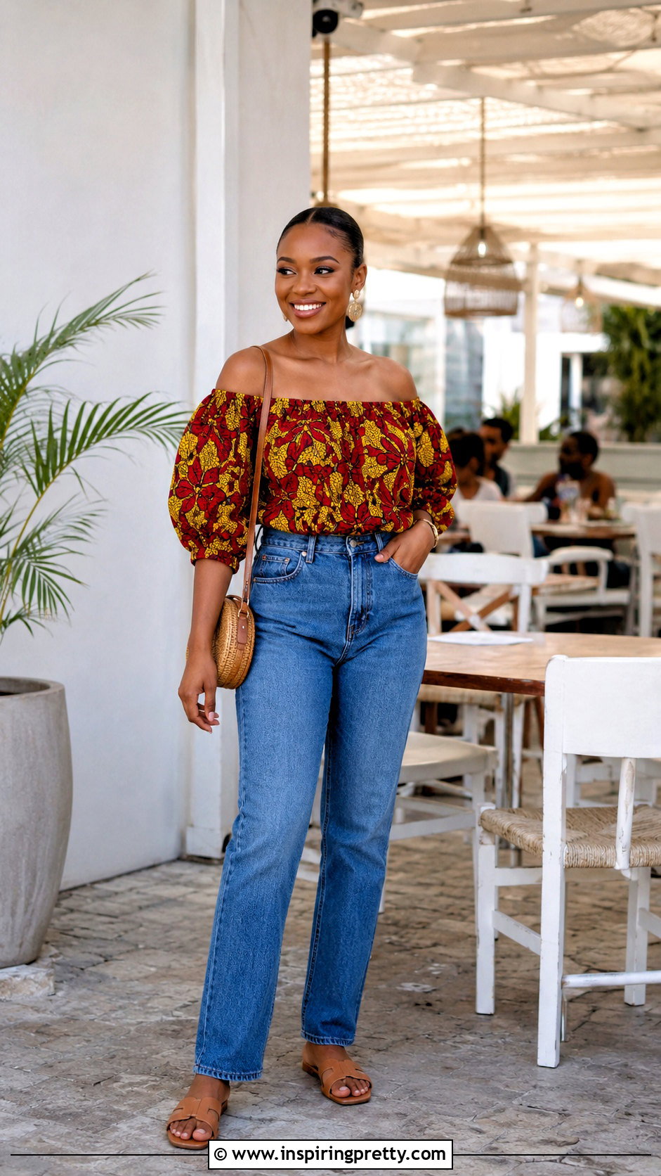 Off Shoulder Ankara Top With High Waisted Jeans - 50 Simple Ankara Tops With Jeans