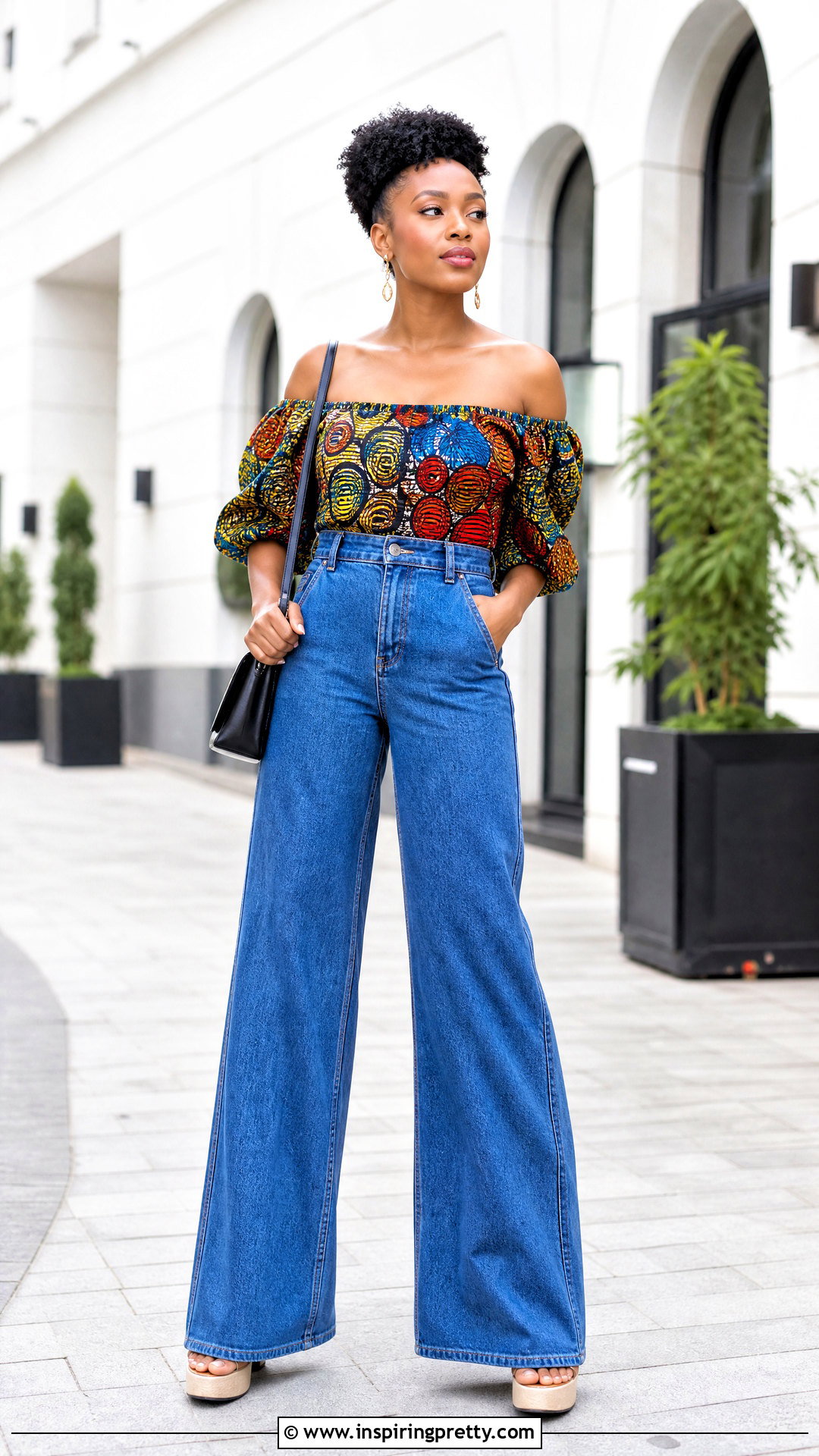 Off Shoulder Ankara Top With Wide Leg Jeans - 50 cute ankara tops outfit ideas
