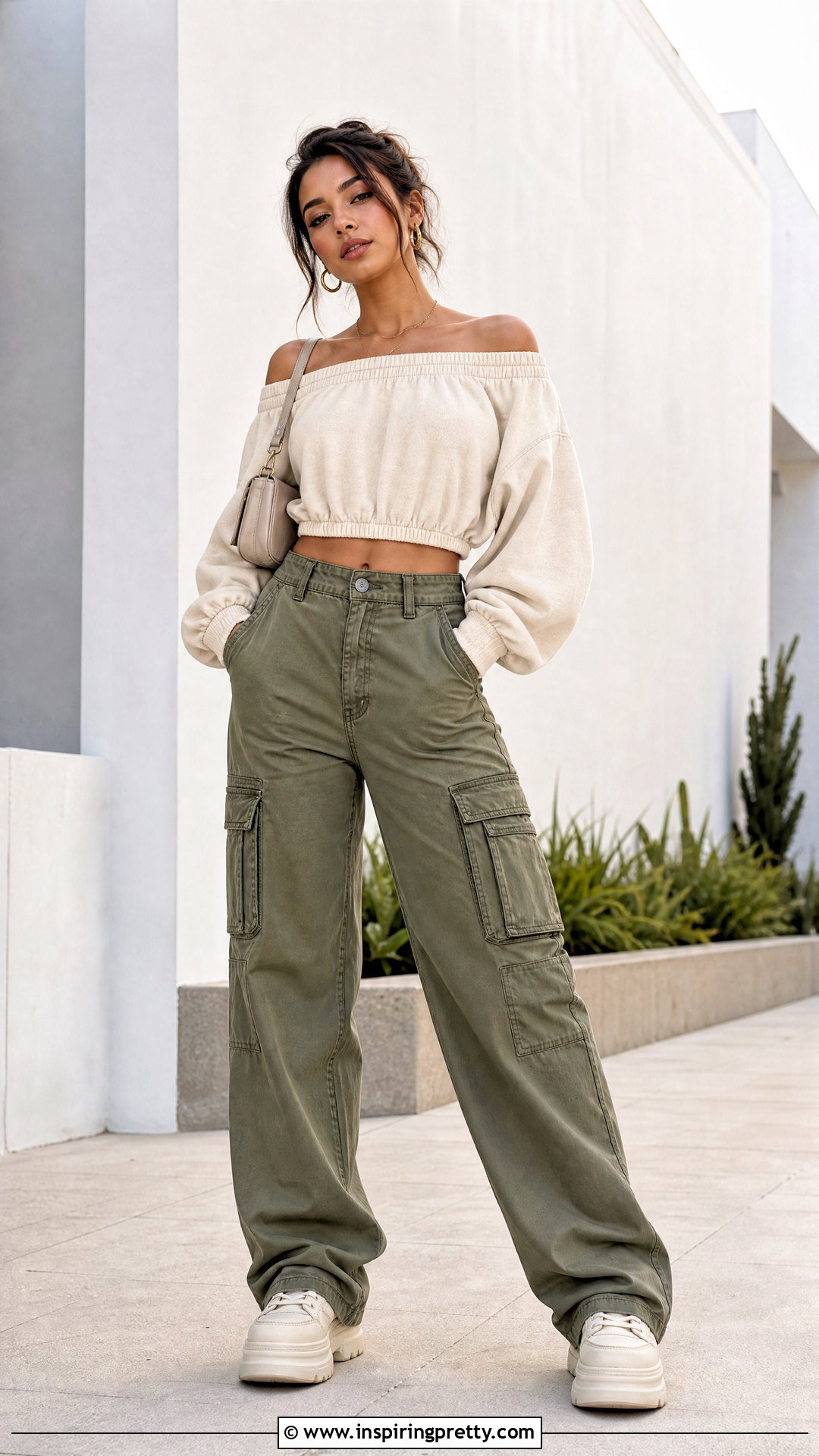 Off Shoulder Baggy Crop Top With Cargo Pants - 50 baggy crop top outfit ideas