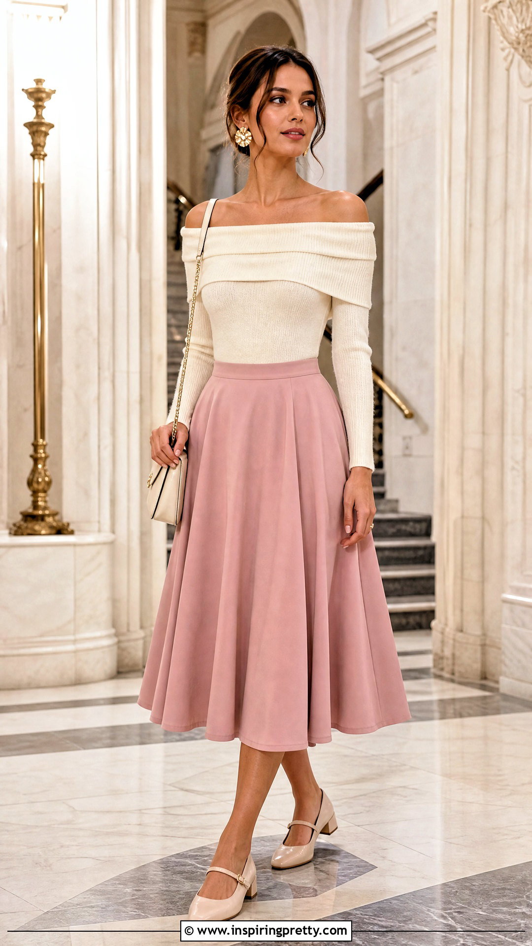 Off Shoulder Ballerina Top With Midi Skirt - 25 Ballerina Style Top outfit ideas