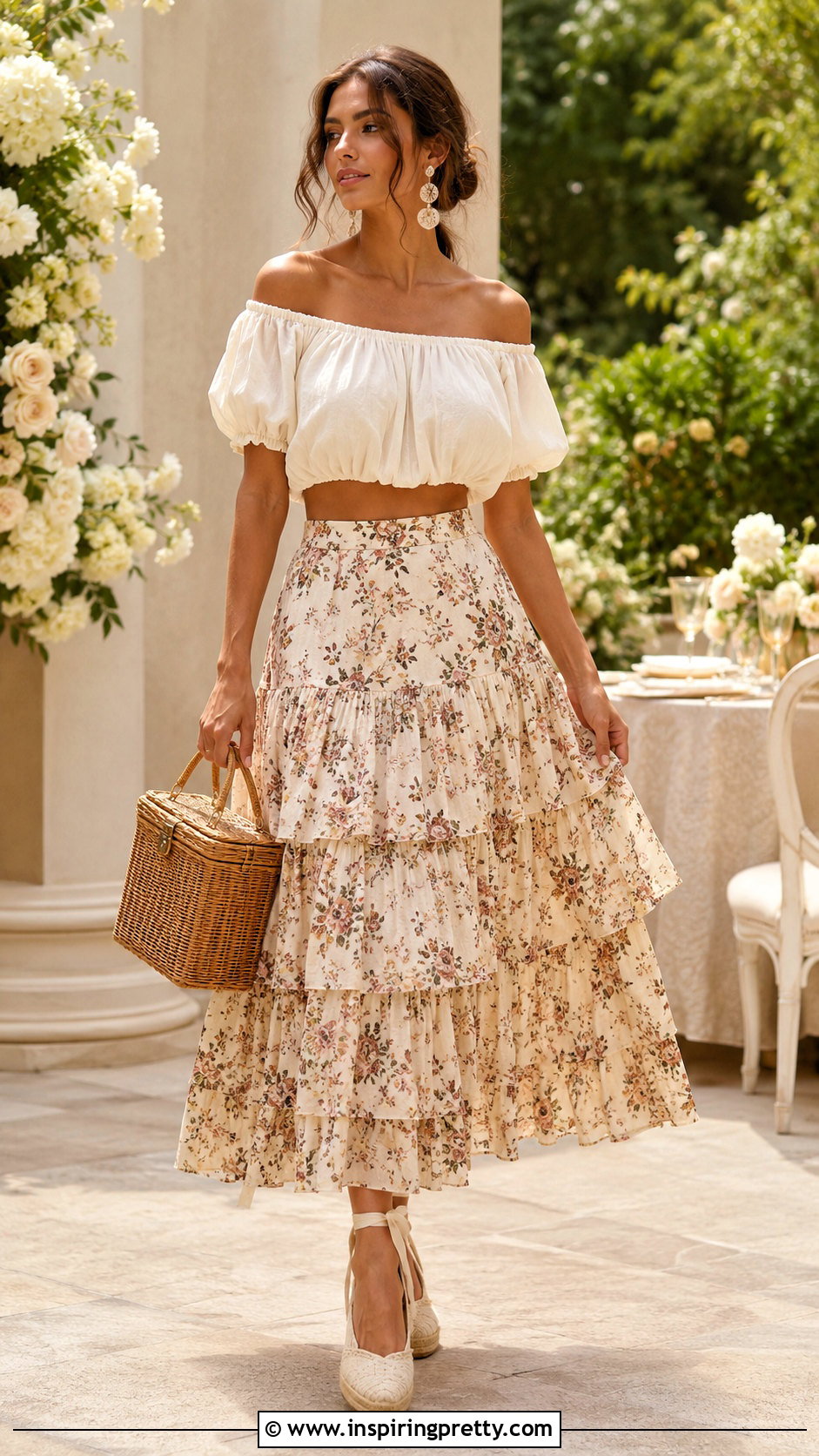 Off Shoulder Bohemian Crop Top With Tiered Midi Skirt - 20 Bohemian Style Crop Top outfit ideas