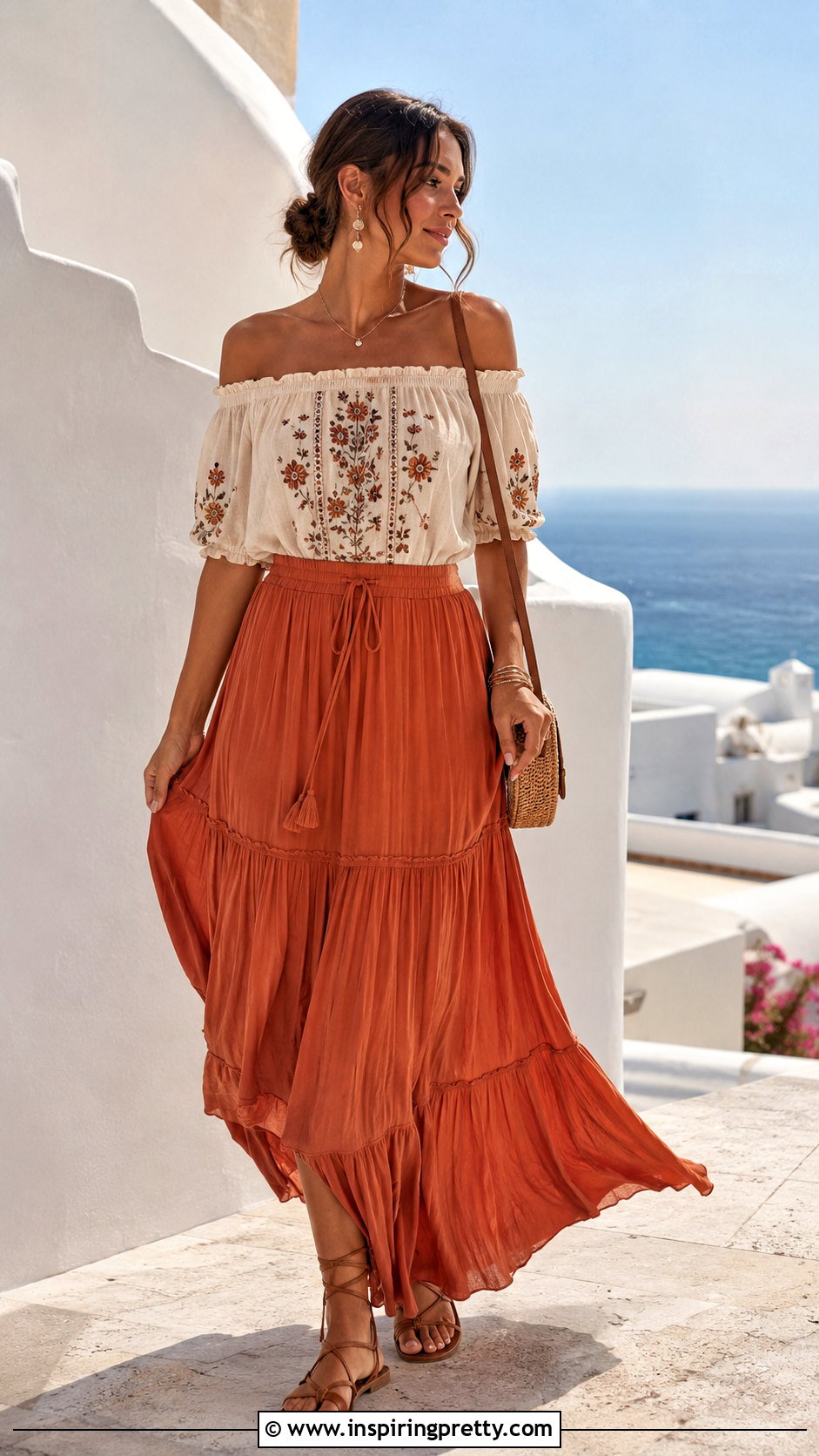 Off Shoulder Bohemian Top With Maxi Skirt - 20 bohemian chic tops outfit ideas