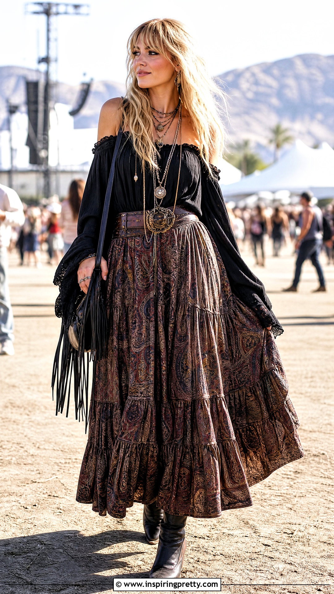 Off Shoulder Boho Top With Tiered Maxi Skirt - 20 Stevie Nicks Style Tops