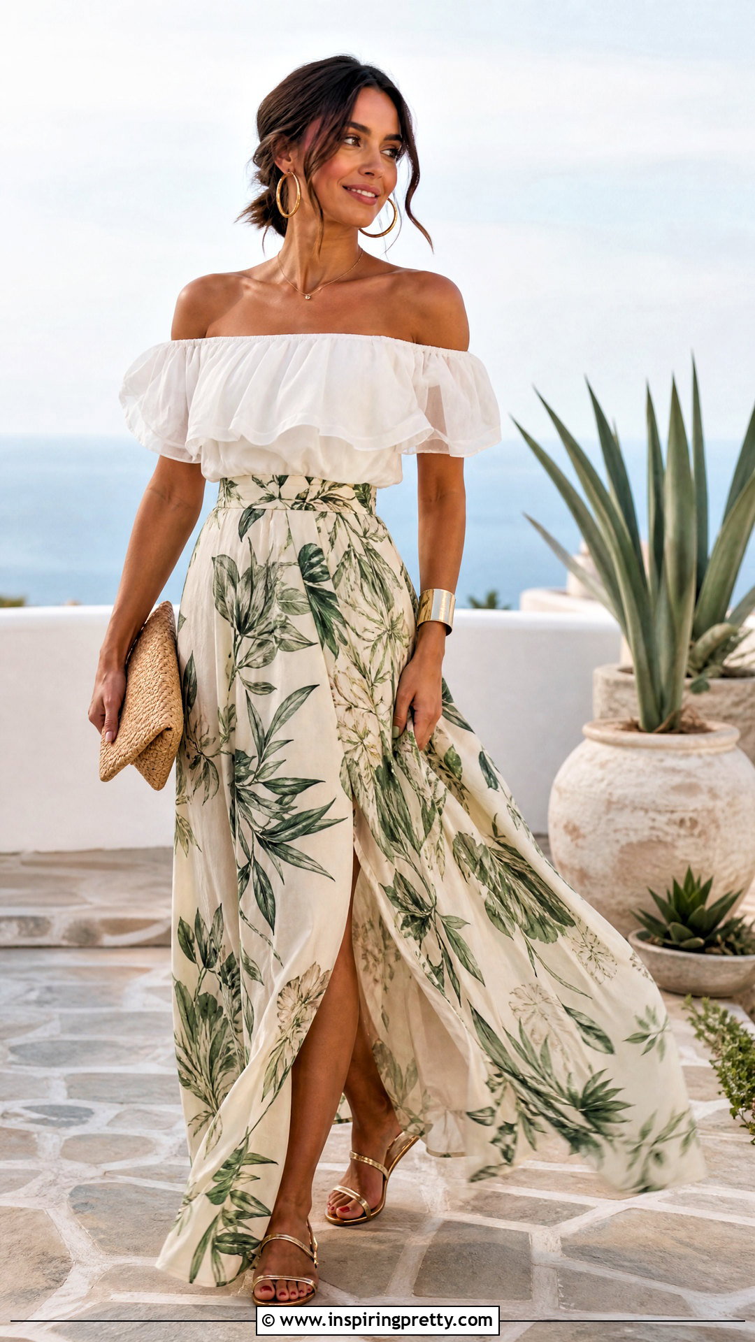 Off Shoulder Chiffon Top With Maxi Skirt - 50 chiffon tops outfit ideas