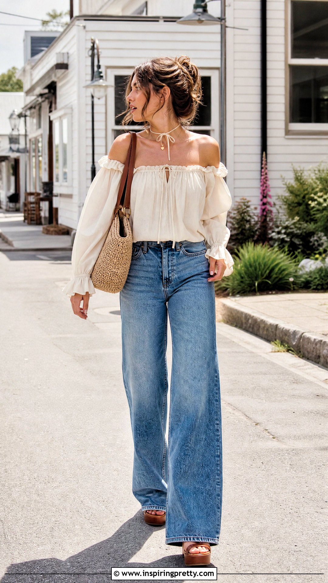 Off Shoulder Cottagecore Top With Wide Leg Jeans - 25 Cottagecore Tops For Women