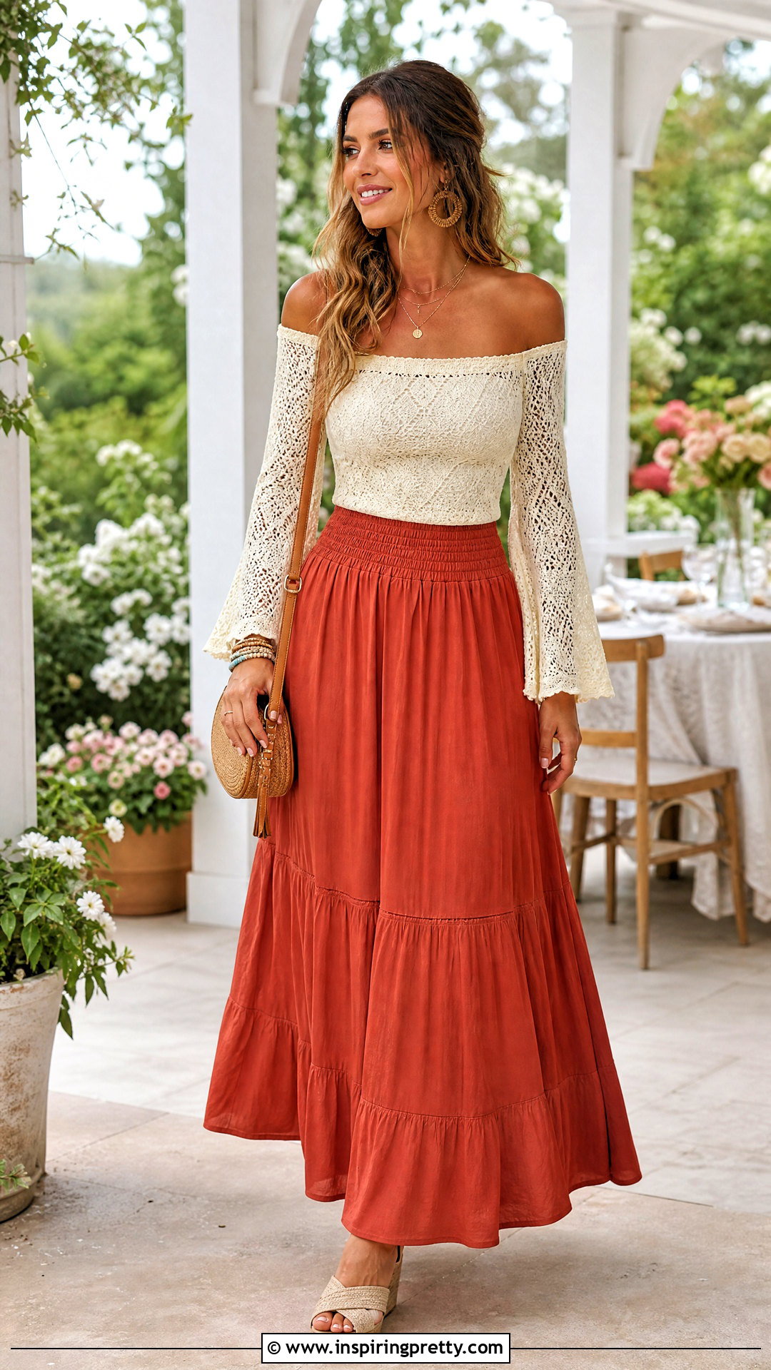 Off Shoulder Crochet Top With Flare Sleeves And Maxi Skirt - 25 Crochet Top With Flare Sleeves