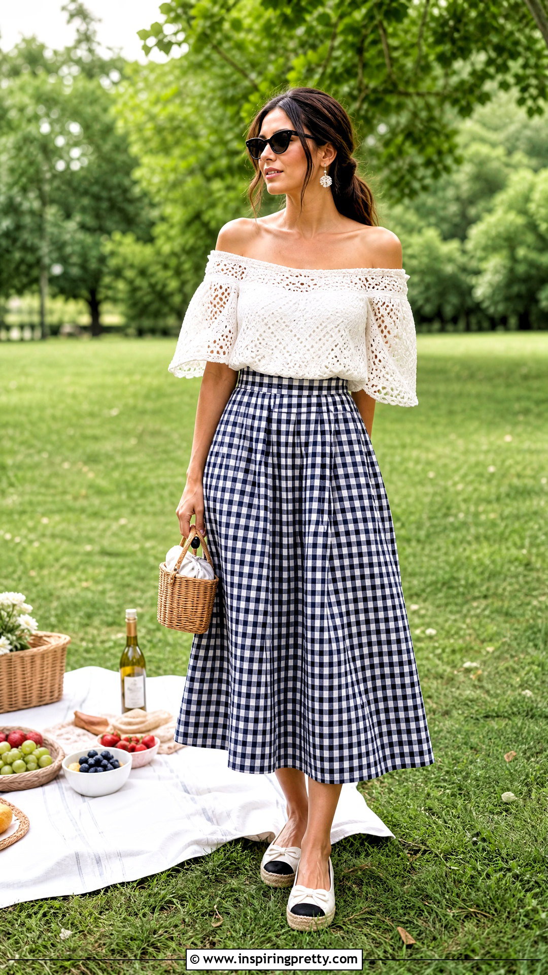 Off Shoulder Crochet Top With Gingham Midi Skirt - 20 crochet top on grass outfit ideas