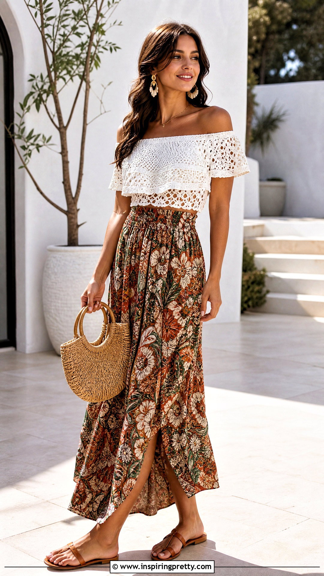 Off Shoulder Crochet Top With Maxi Skirt - 25 different types of crochet tops outfit ideas