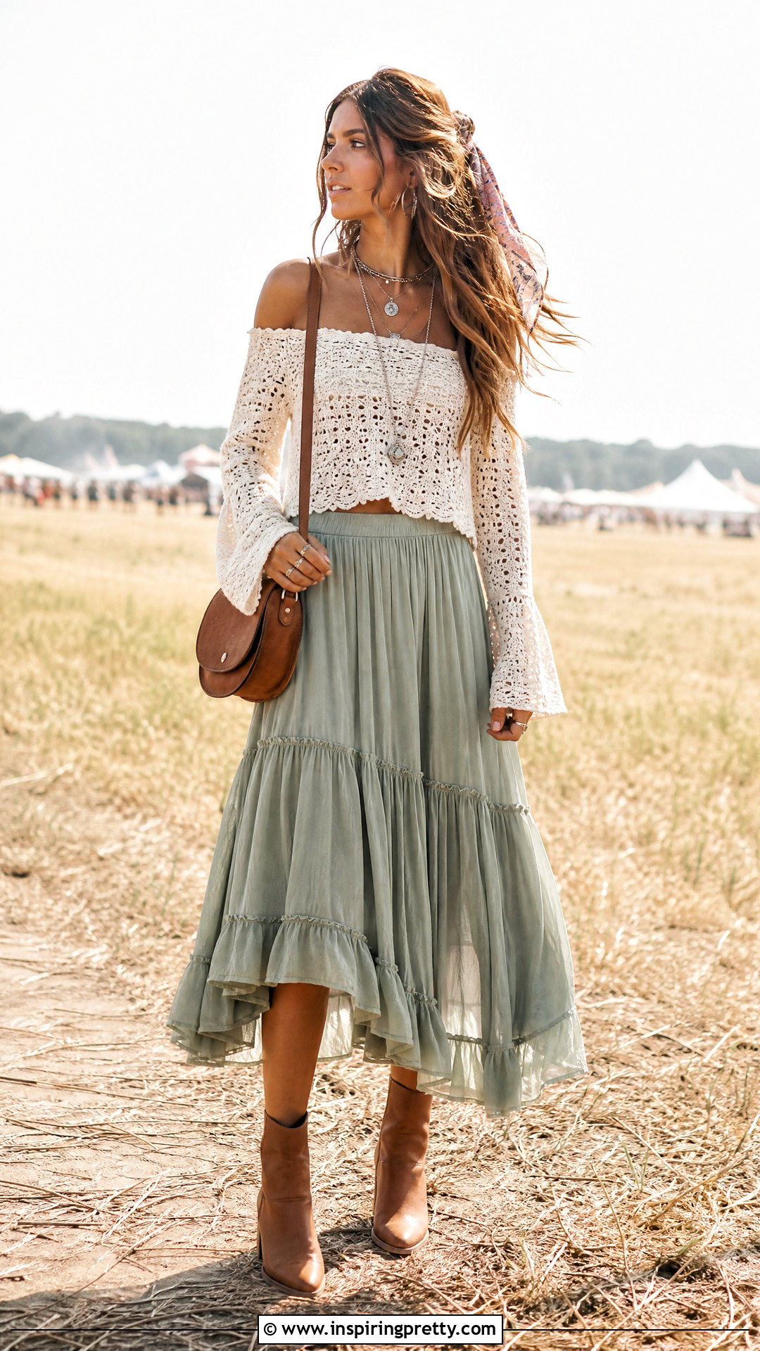 Off Shoulder Crochet Top With Tiered Skirt - 20 festival crochet top outfit ideas