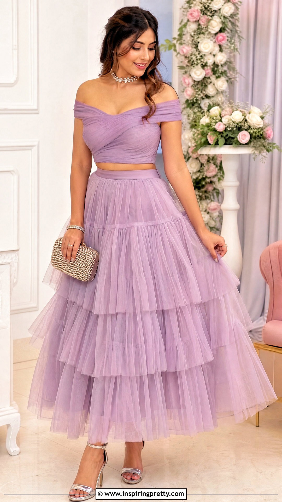 Off Shoulder Crop Top And Layered Skirt - 25 crop top and skirt indian party wear for women outfit ideas