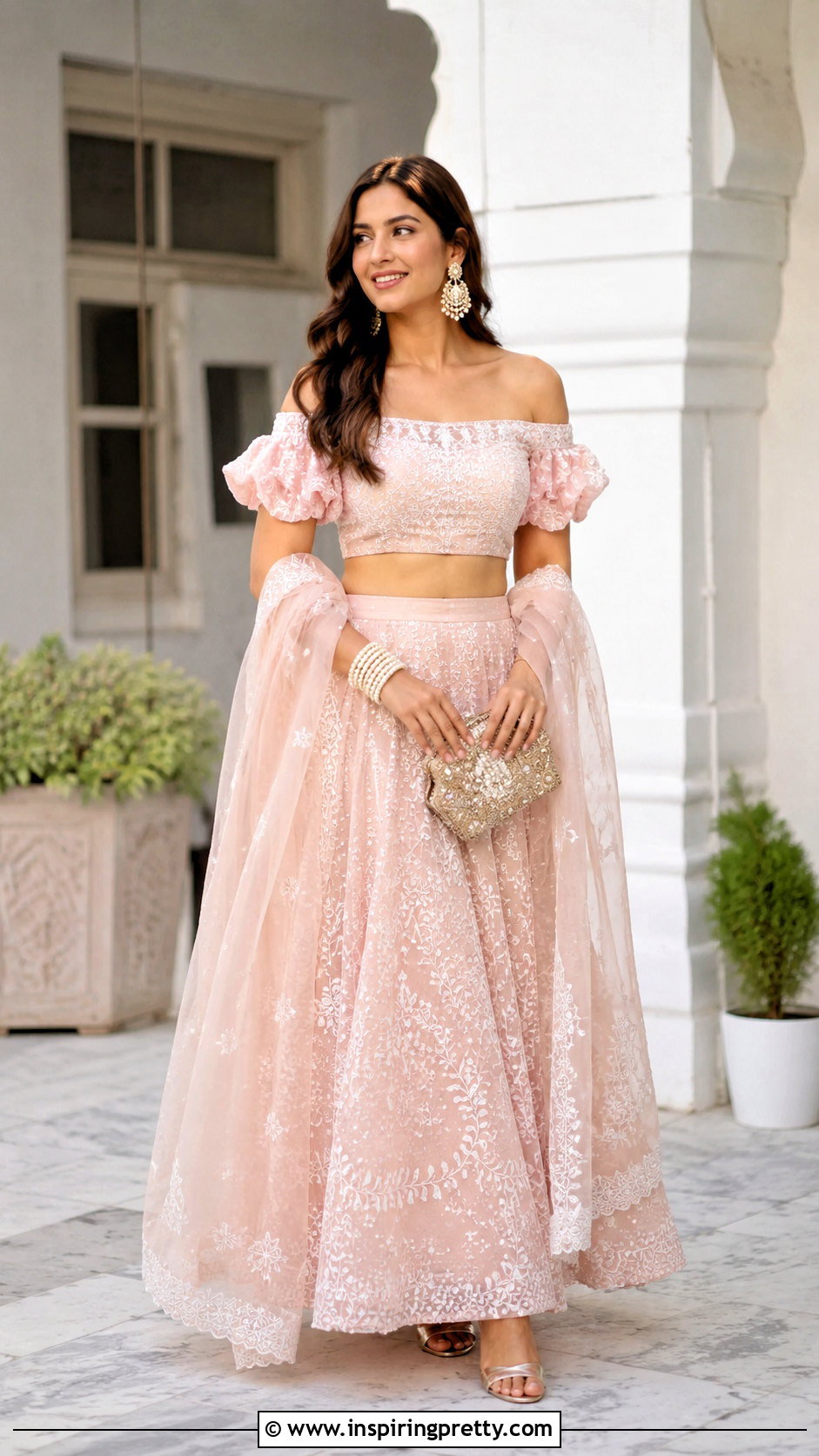 Off Shoulder Crop Top Blouse With Chikankari Lehenga - 20 Crop Top Blouse Designs For Lehanga Outfit Ideas
