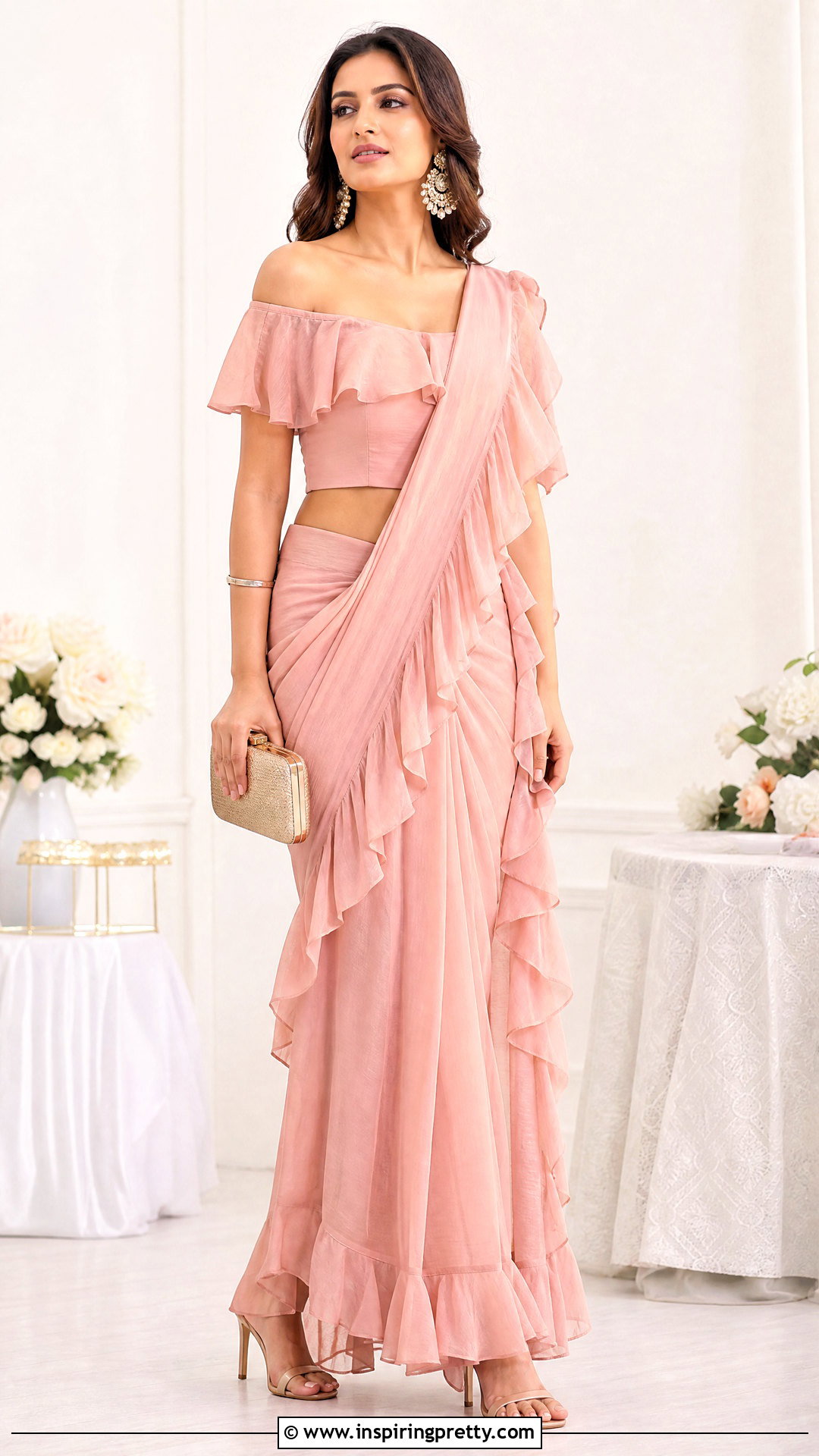 Off Shoulder Crop Top Blouse With Ruffle Saree - 50 latest crop top blouse designs