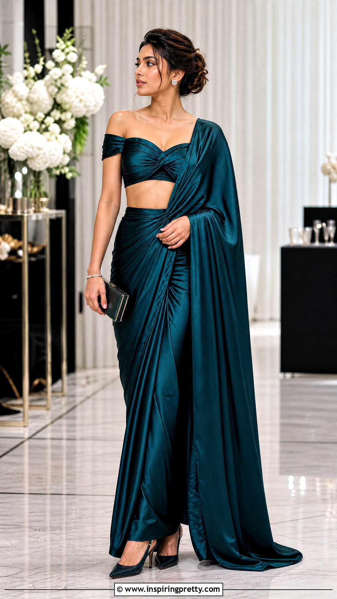 Off Shoulder Crop Top Blouse With Satin Saree - 20 crop top blouse for saree outfit ideas