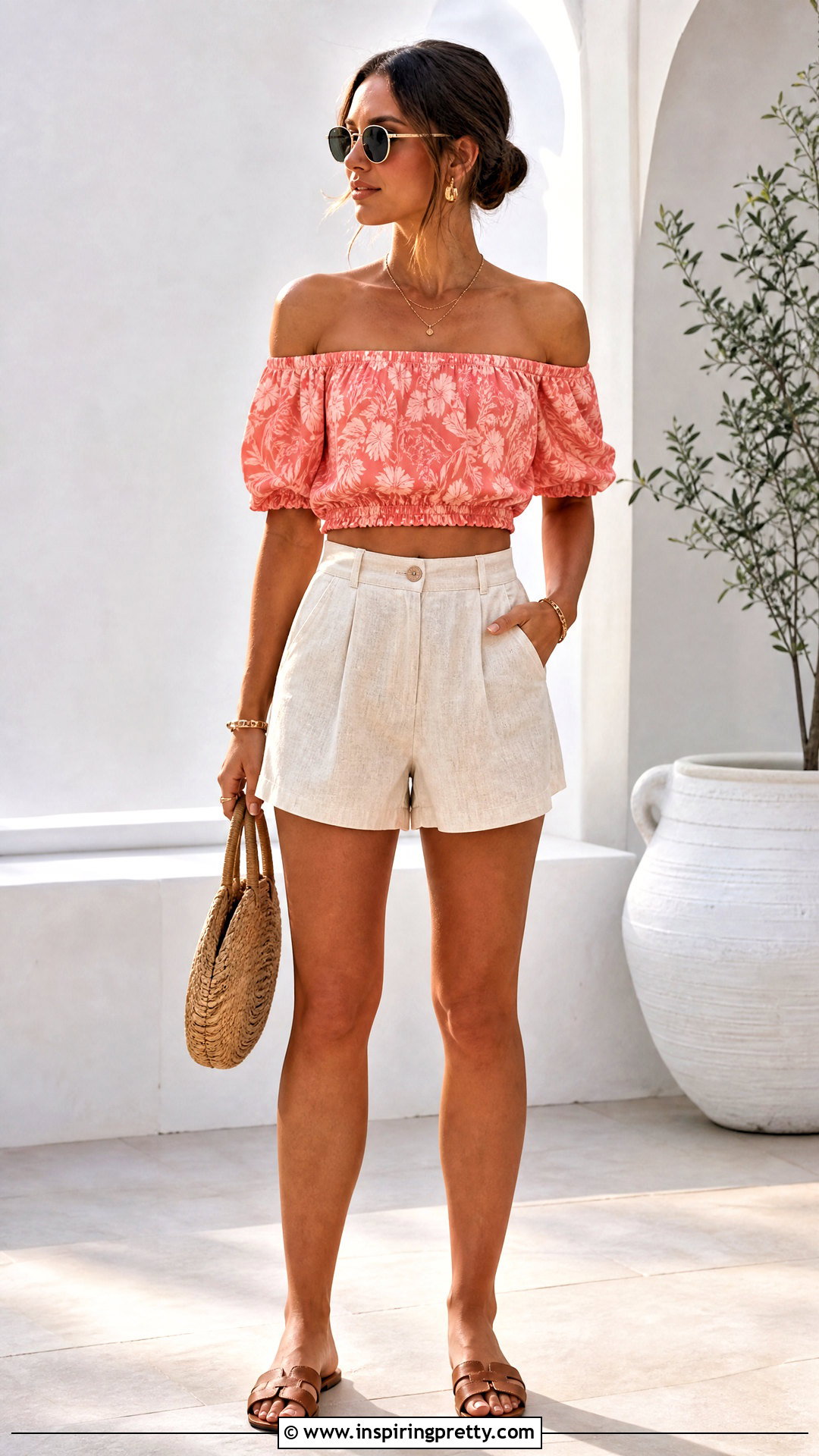 Off Shoulder Crop Top Mockup With Linen Shorts - 50 crop top mockup ideas