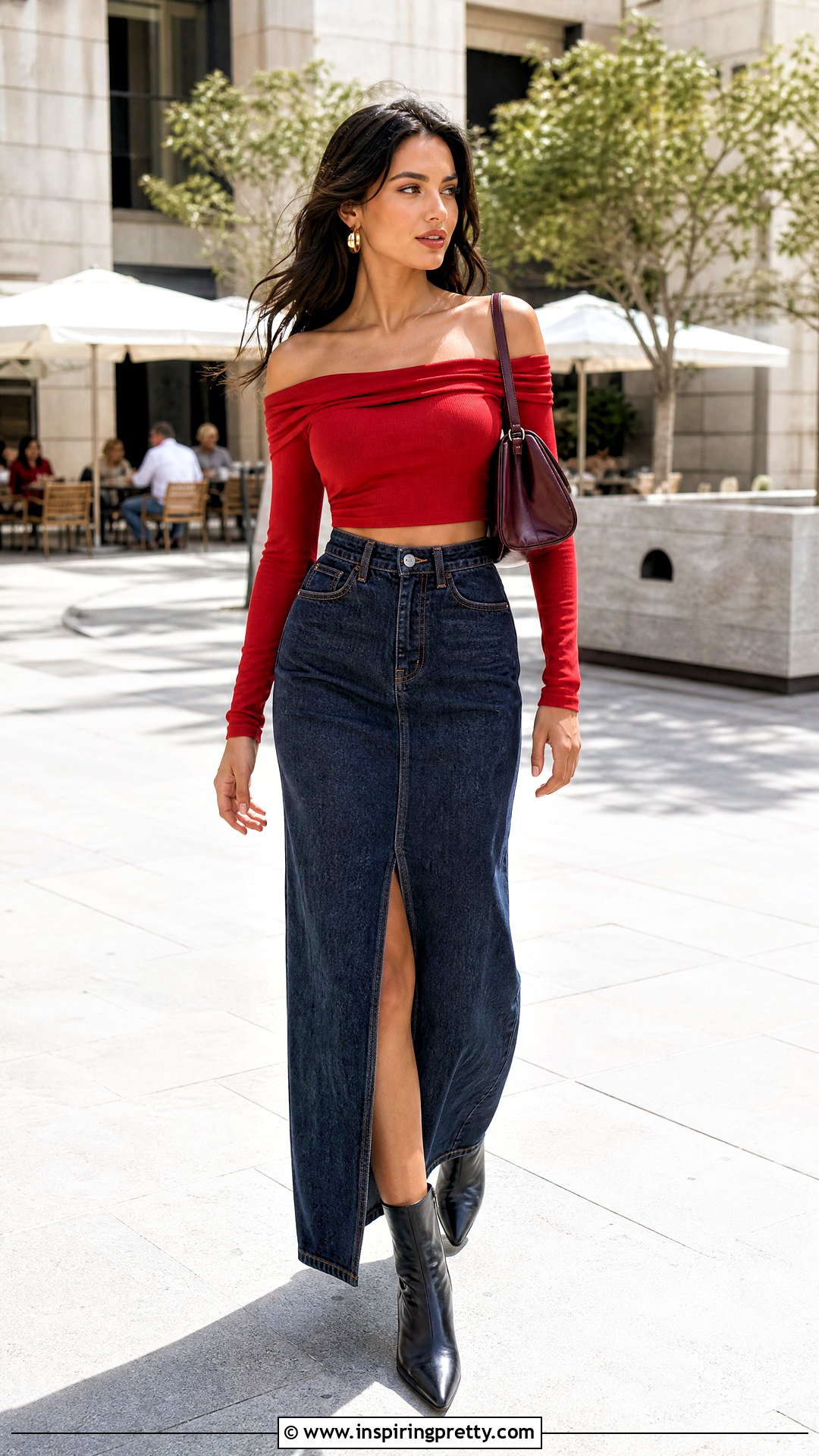 Off Shoulder Crop Top With Denim Maxi Skirt - 50 off shoulder crop top outfit ideas