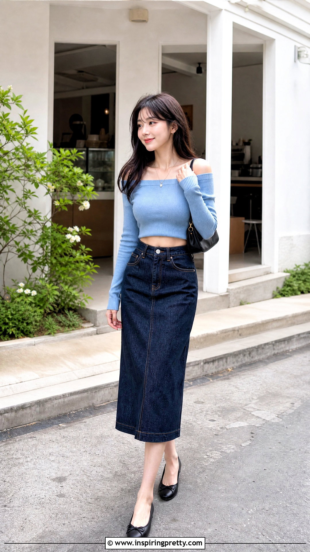 Off Shoulder Crop Top With Denim Skirt Outfit - 50 crop top outfits korean styles
