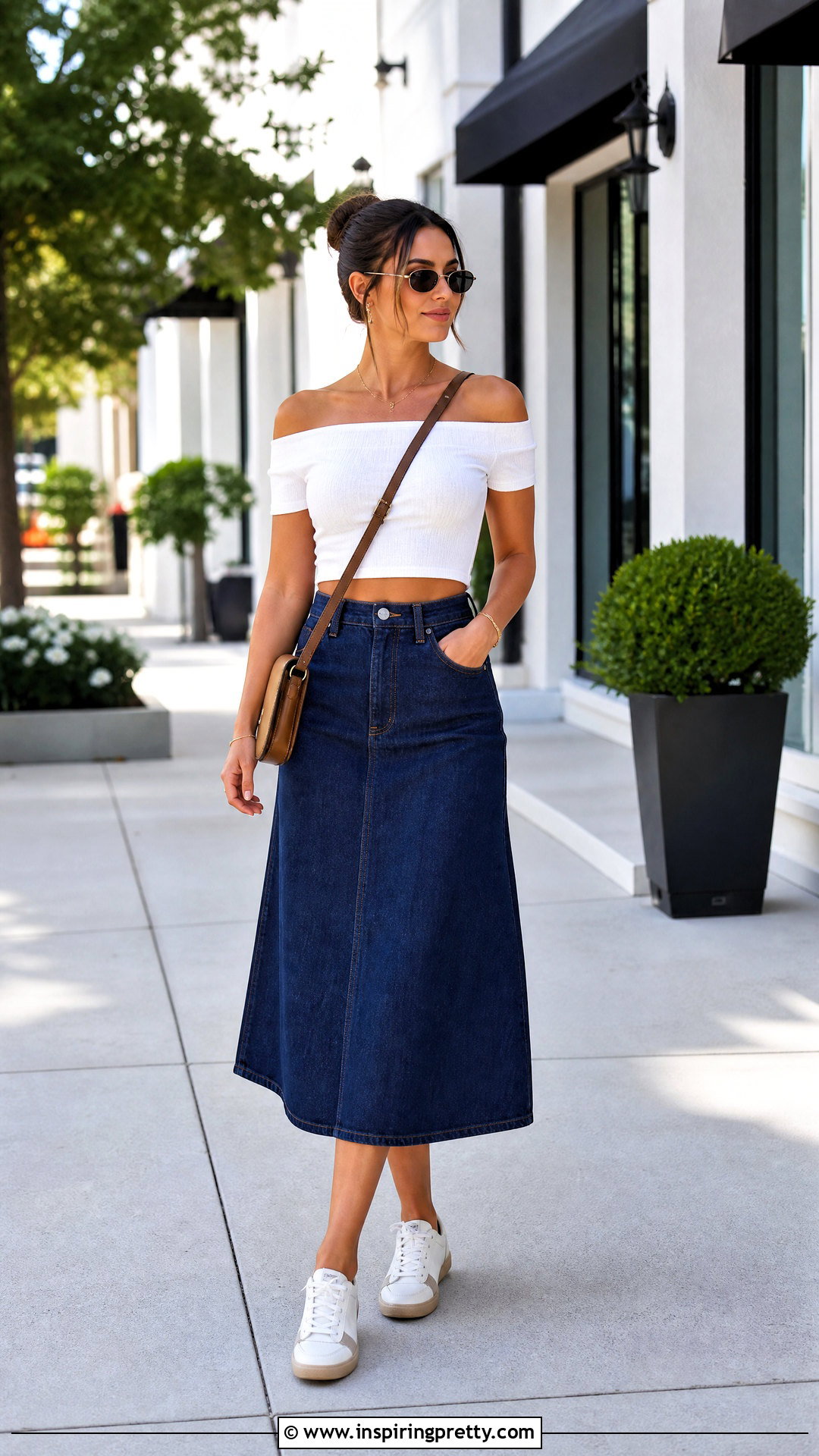 Off Shoulder Crop Top With Denim Skirt - 50 crop top styles