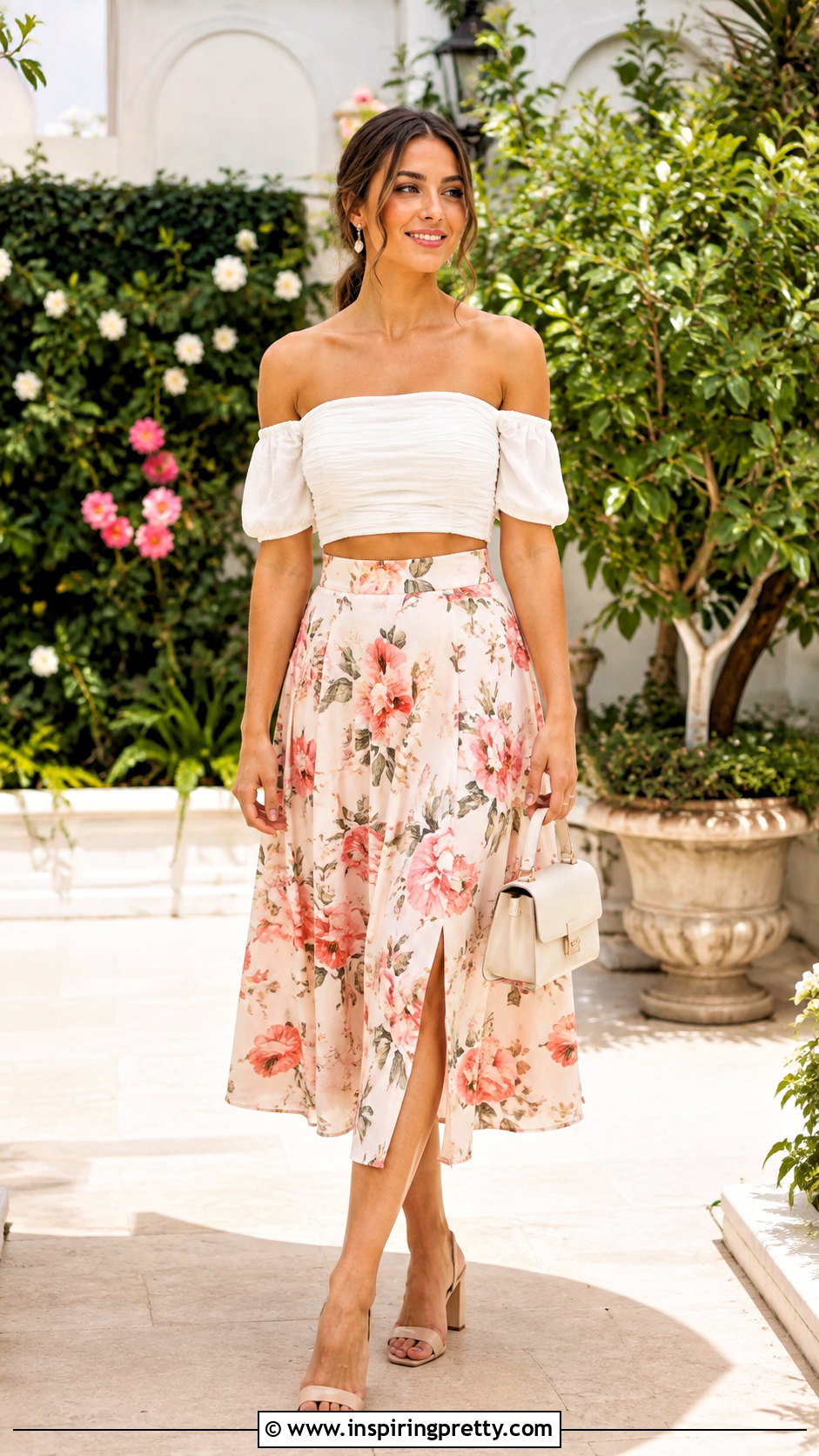 Off Shoulder Crop Top With Midi Skirt - 50 trending crop tops outfit ideas