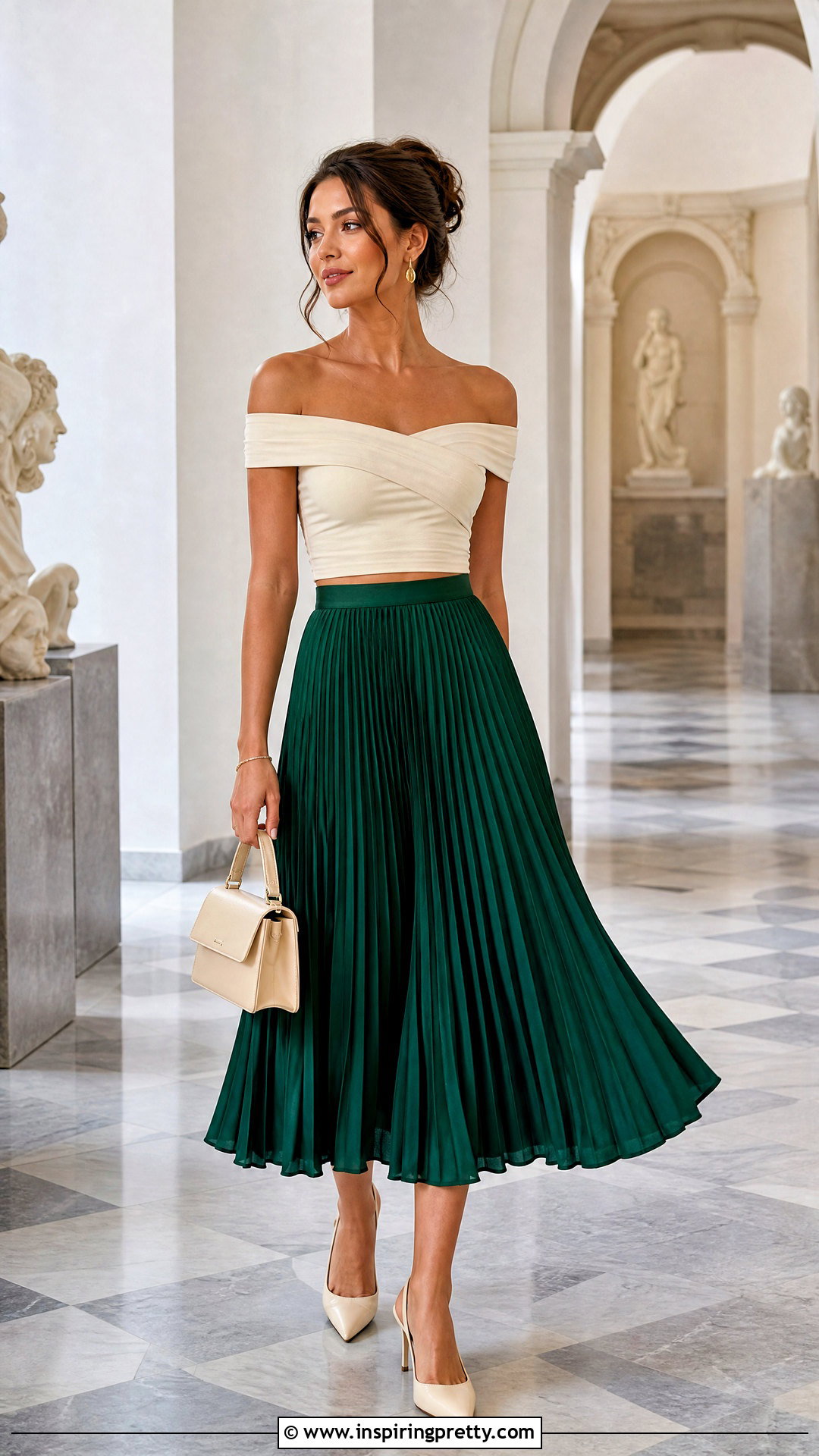 Off Shoulder Crop Top With Pleated Midi Skirt - 50 off shoulder crop top outfit ideas