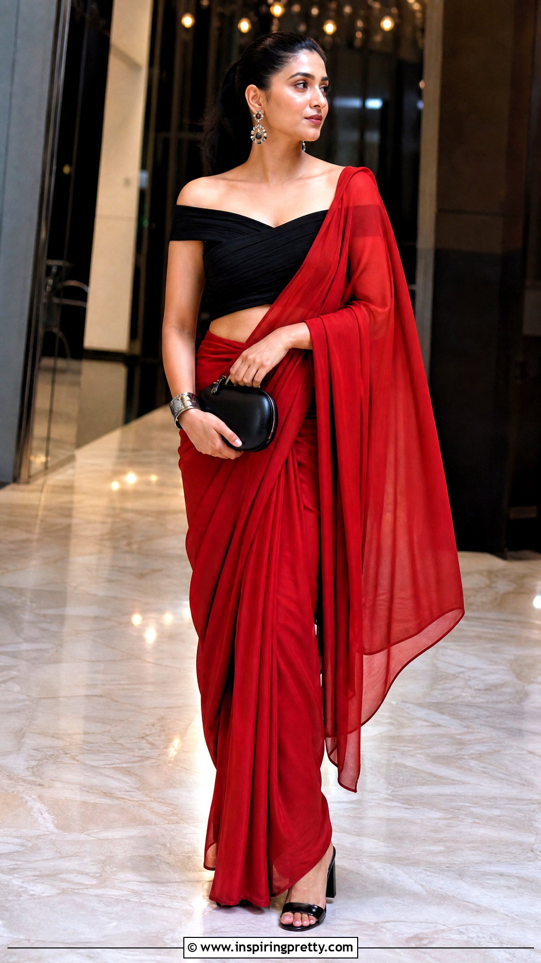 Off Shoulder Crop Top With Saree - 50 saree with crop top outfit ideas