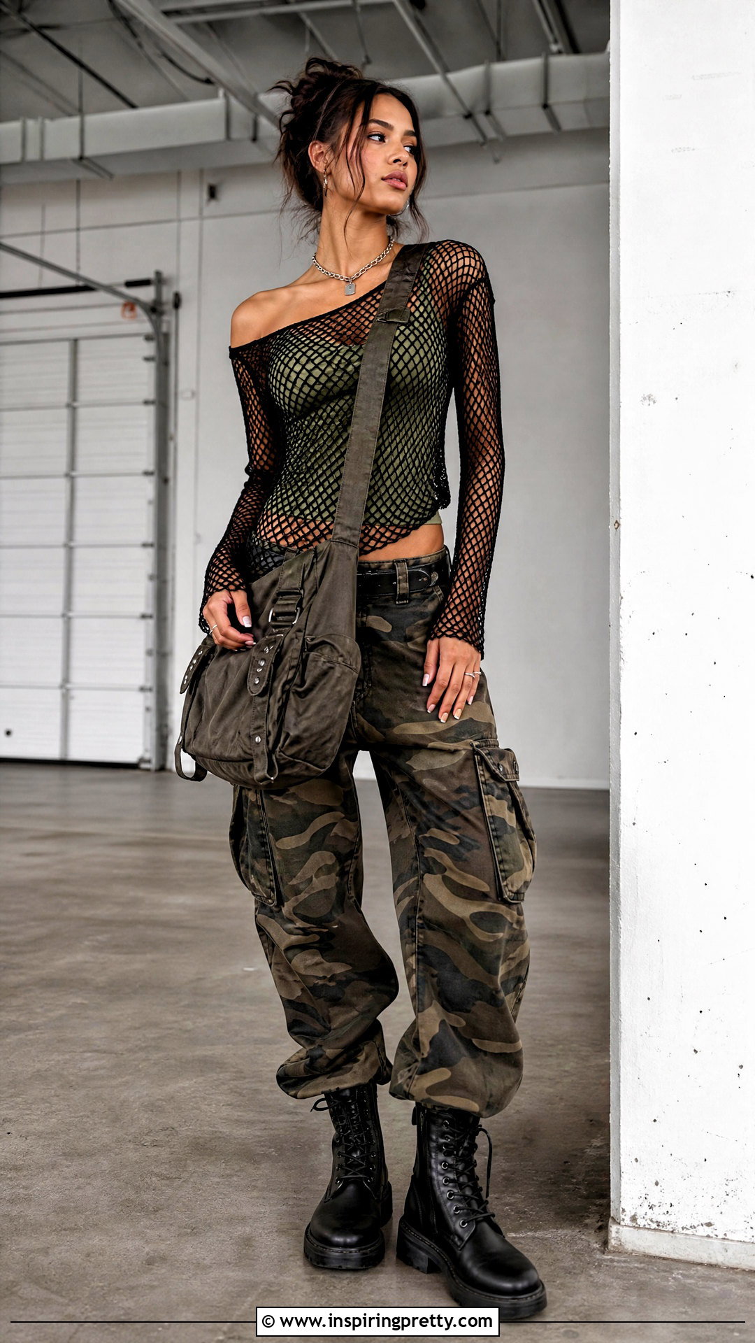 Off Shoulder Fishnet Top With Camouflage Pants - 25 Off Shoulder Fishnet Top outfit ideas