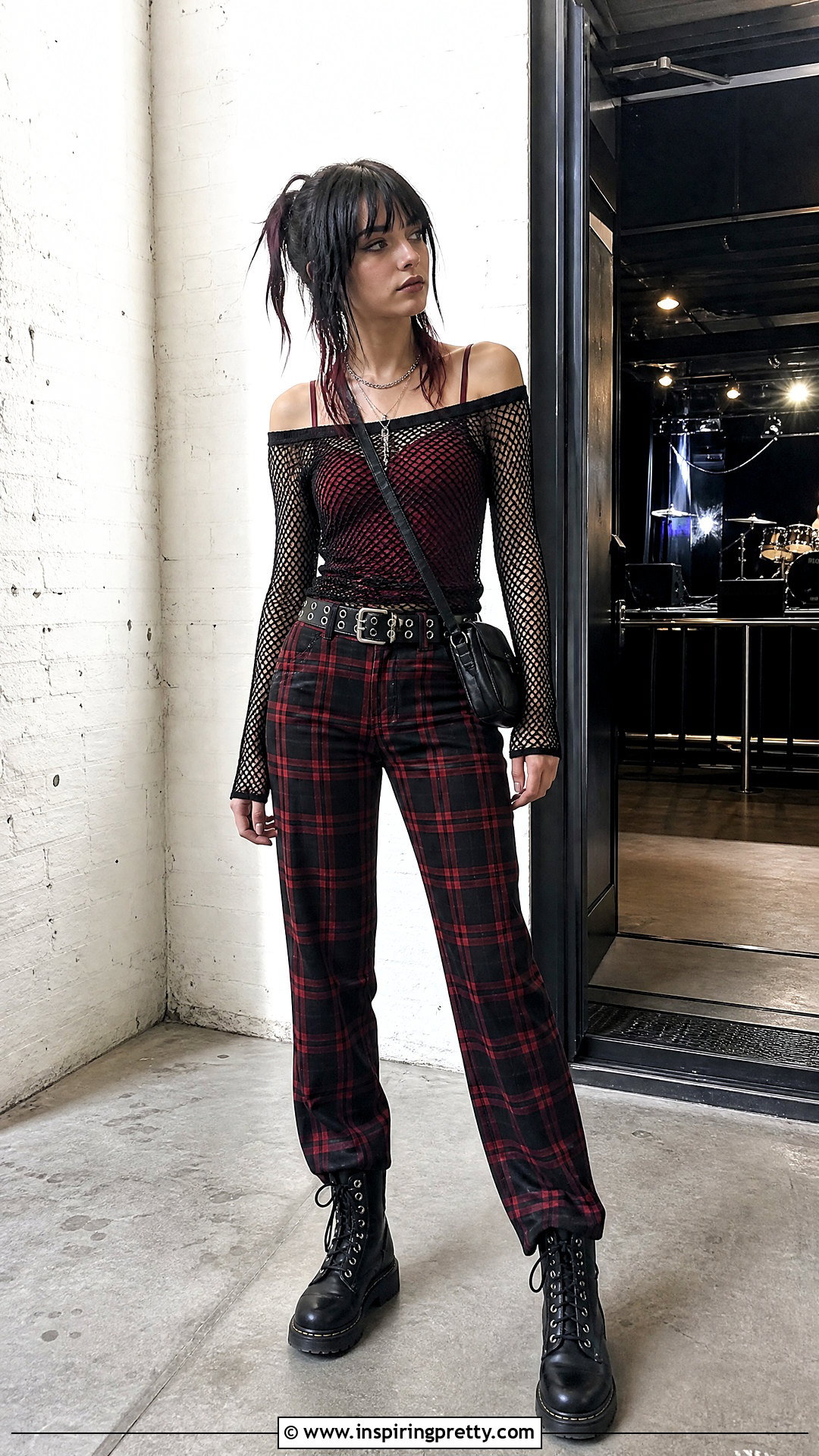 Off Shoulder Fishnet Top With Plaid Pants - 25 Off Shoulder Fishnet Top outfit ideas