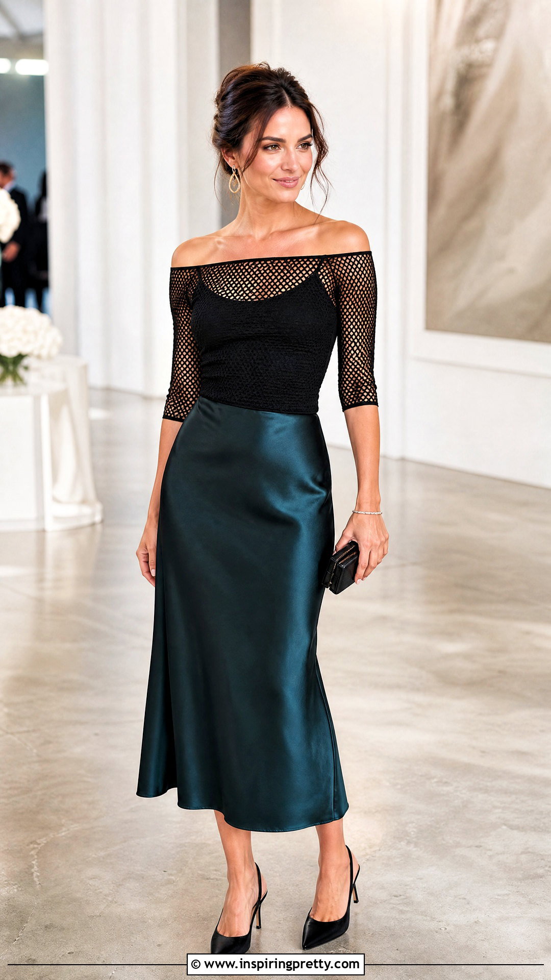Off Shoulder Fishnet Top With Satin Midi Skirt - 25 Off Shoulder Fishnet Top outfit ideas