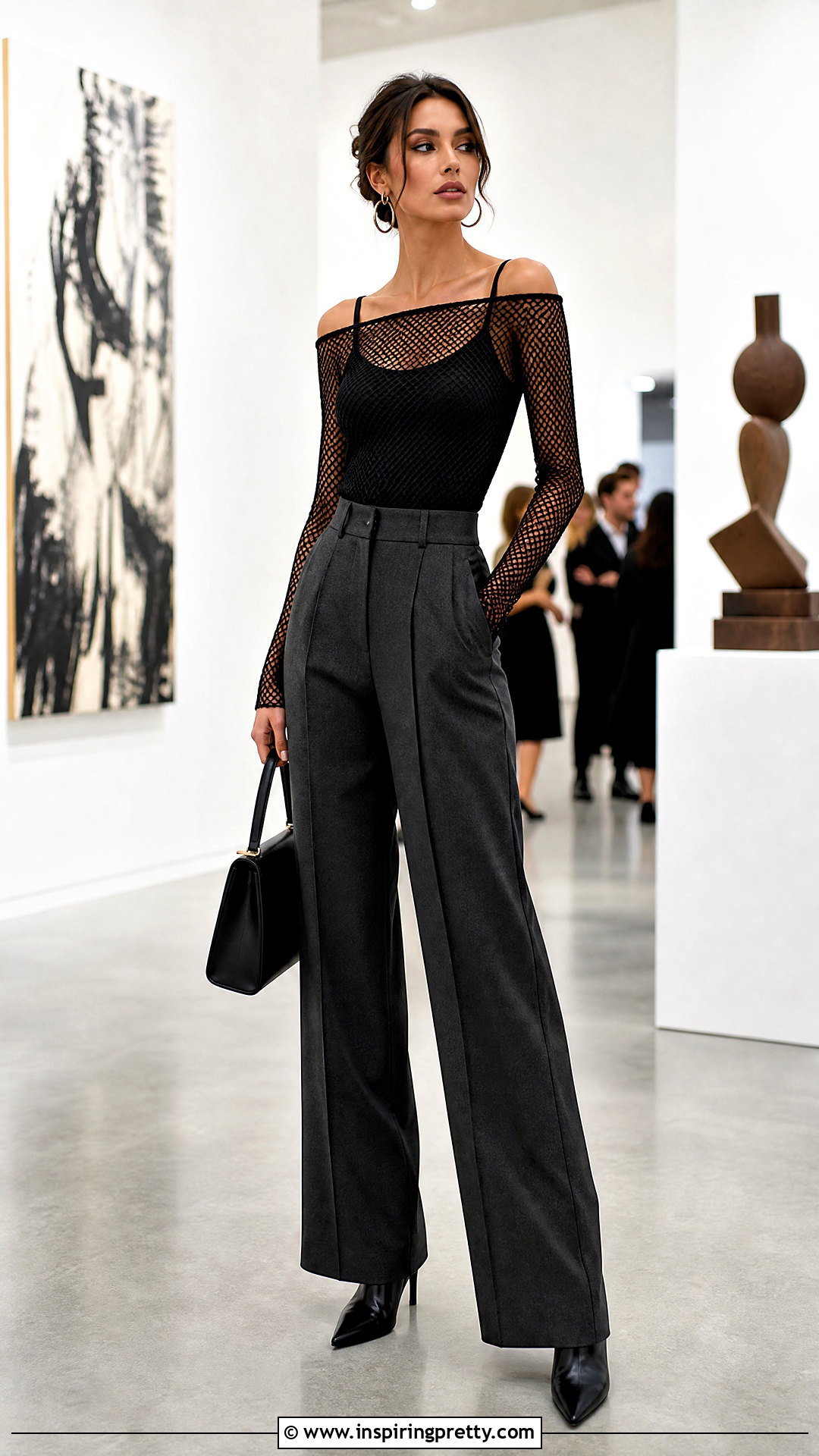 Off Shoulder Fishnet Top With Wide Leg Trousers - 25 Off Shoulder Fishnet Top outfit ideas