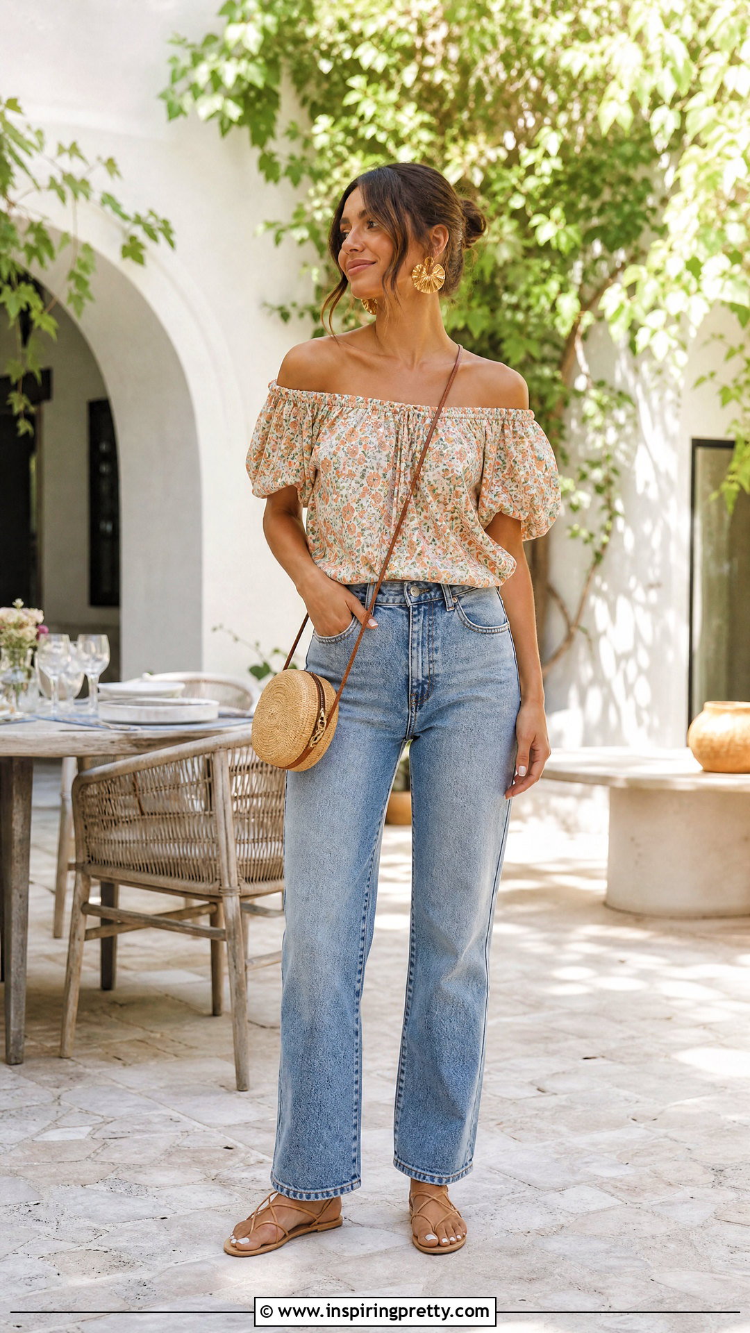 Off Shoulder Floral Top With Relaxed Jeans And Strappy Flats - 20 Floral Top With Jeans And Flats