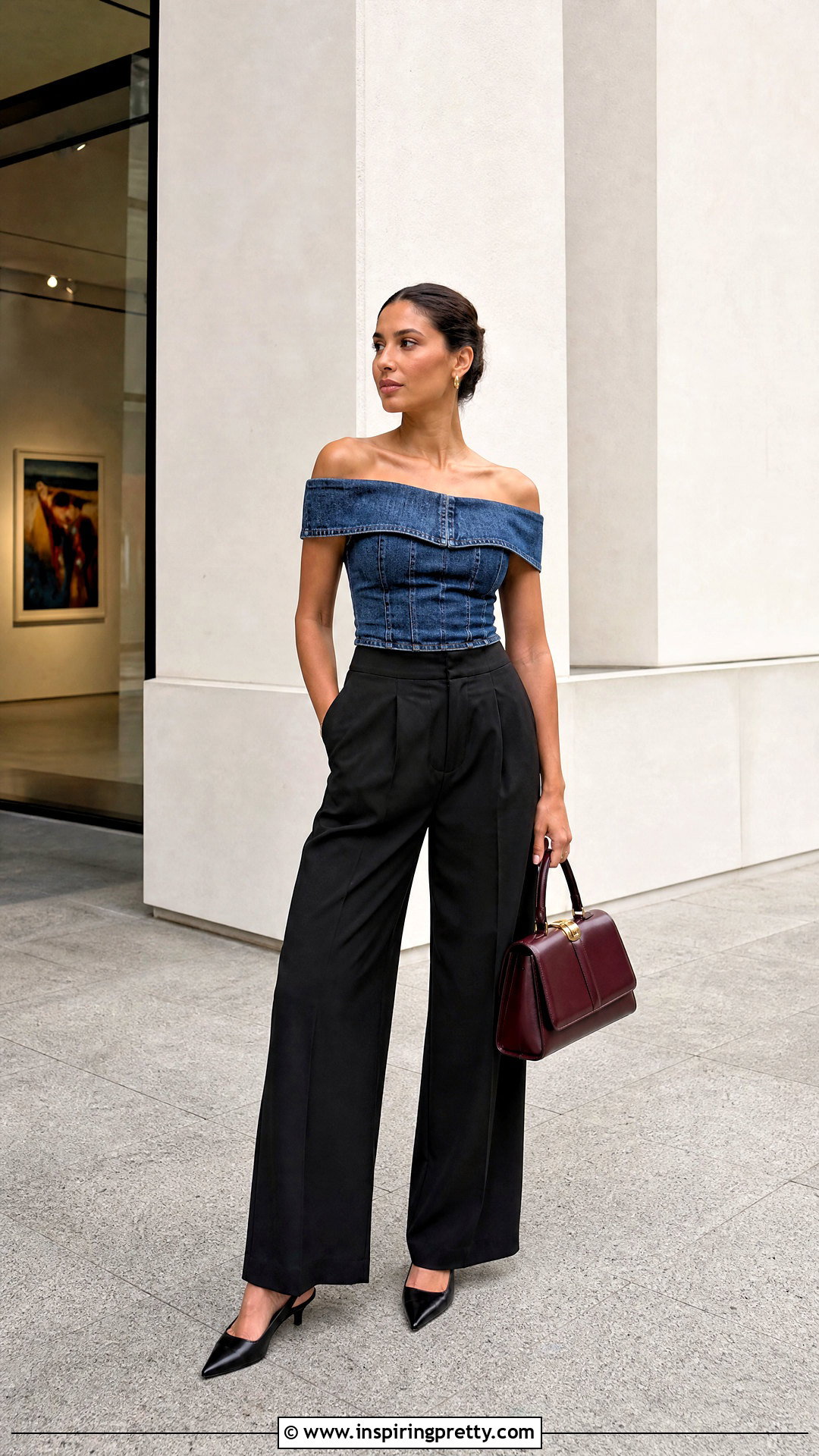 Off Shoulder Jean Top With Black Tailored Trousers - 25 Off Shoulder Jean Top outfit ideas
