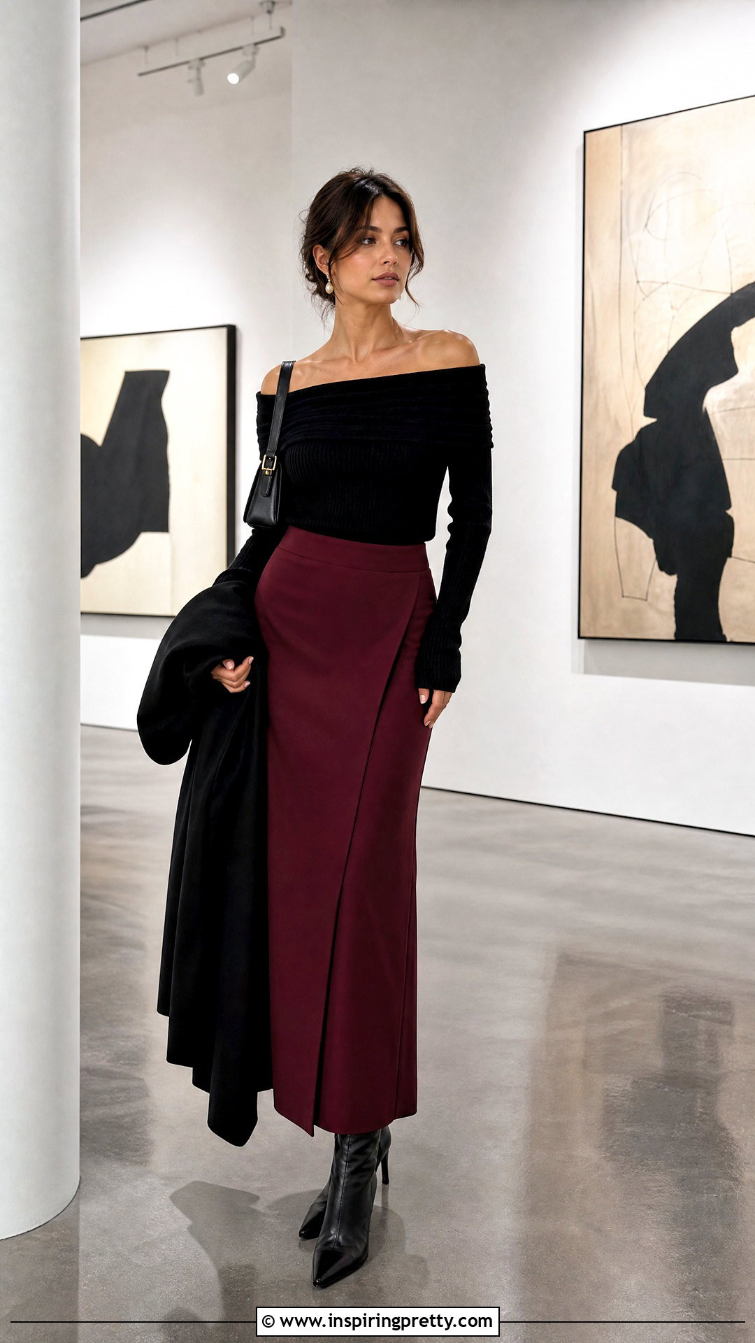 Off Shoulder Knit Top With Tailored Maxi Skirt - 20 Fall Fashion Knit Top outfit ideas
