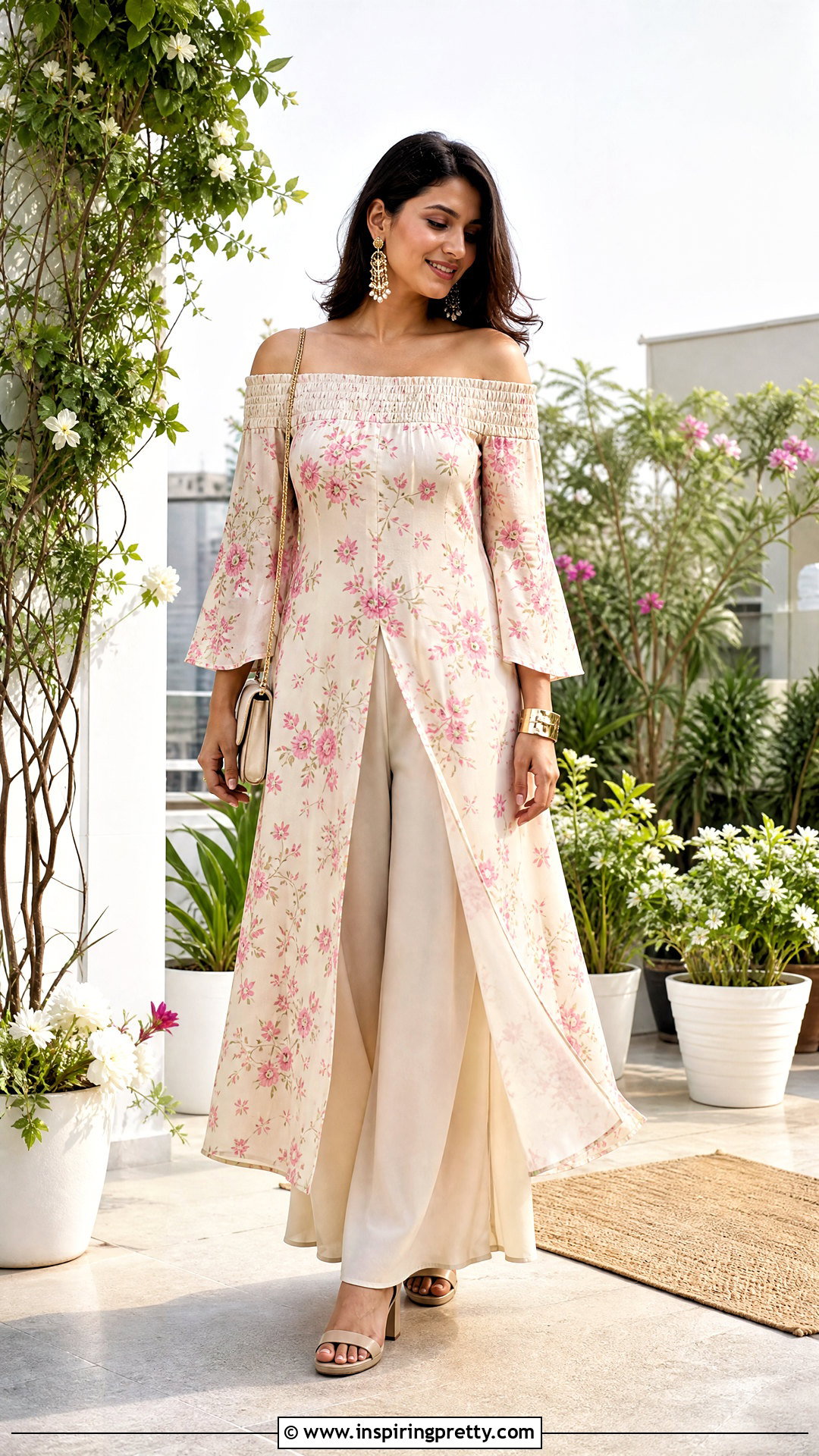 Off Shoulder Kurti With Palazzo Pants - 20 kurthi tops neck designs