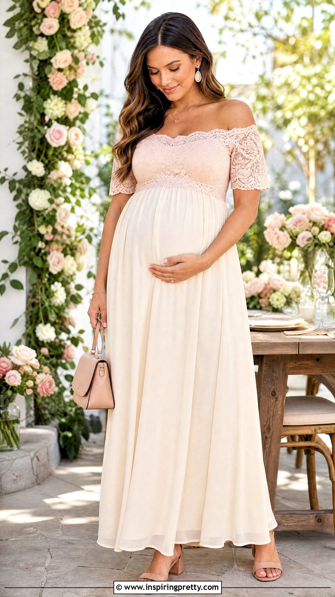 Off Shoulder Lace Maternity Top With Maxi Skirt - 20 Lace Maternity Top outfit ideas