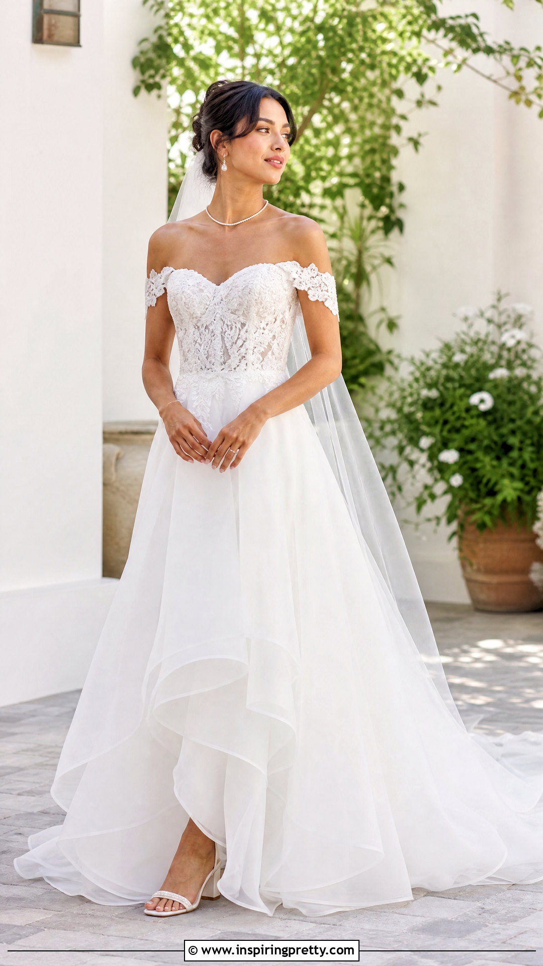 Off Shoulder Lace Top Organza Wedding Dress - 25 lace top flowy bottom wedding dress outfit ideas