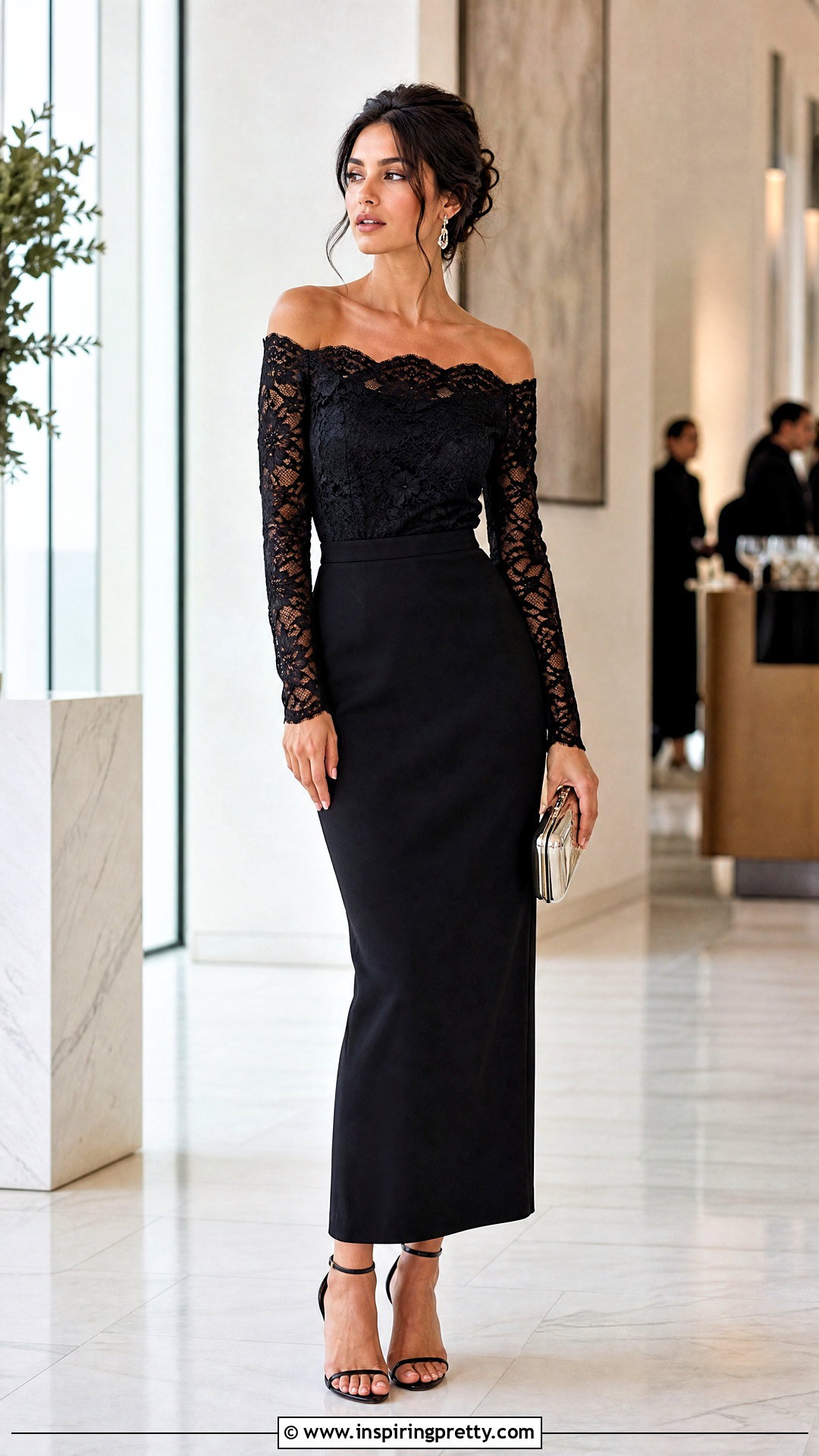 Off Shoulder Lace Top With Column Skirt And Heels - 20 Elegant Outfit With Lace Top And Heels