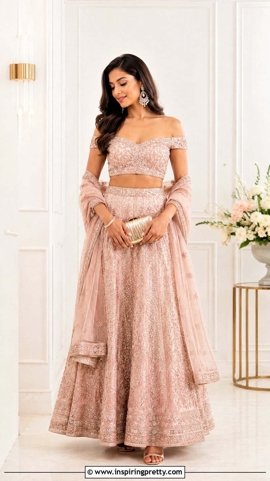 Off Shoulder Lehenga Crop Top Outfit - 50 party wear lehenga crop tops outfit ideas