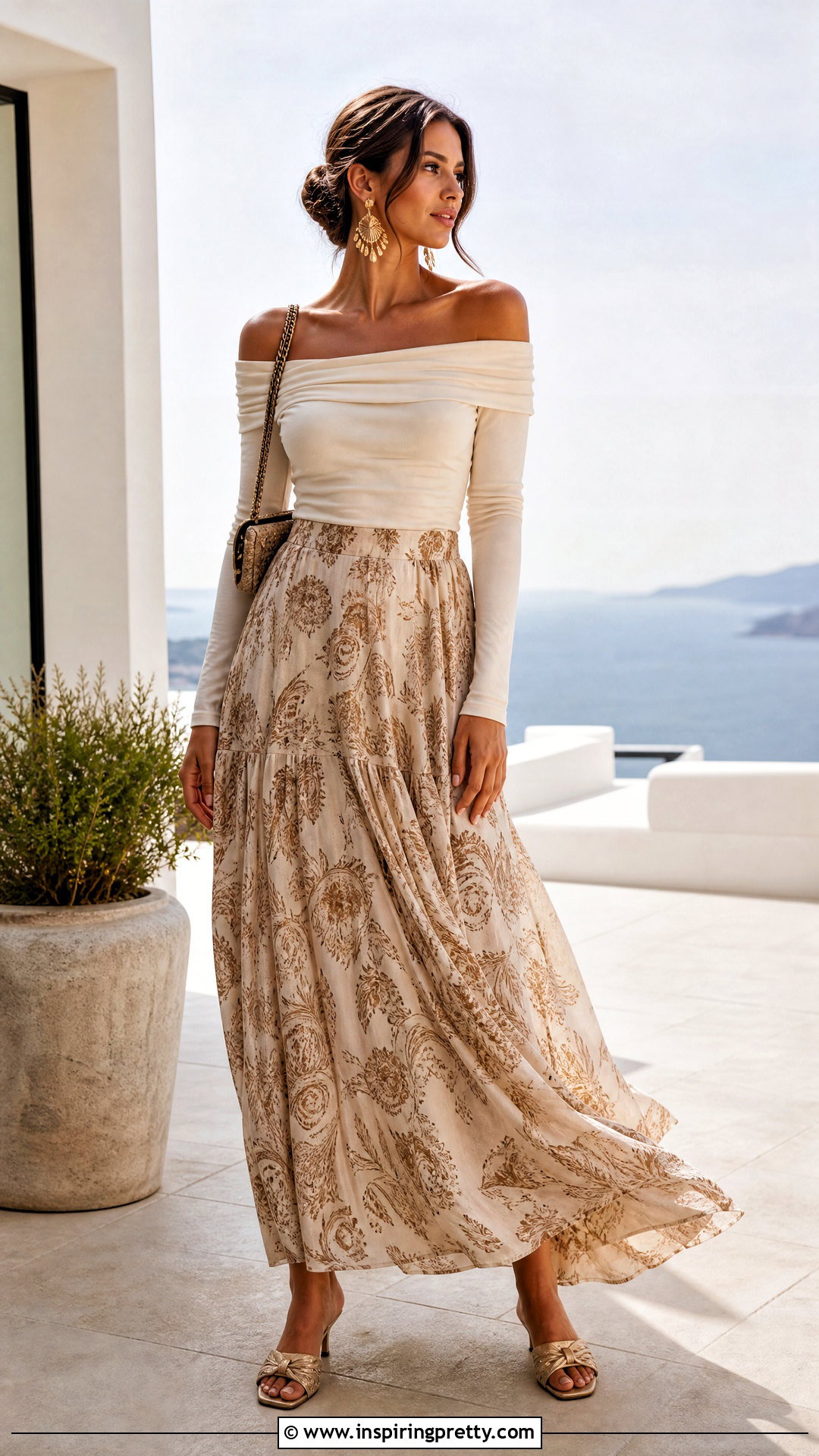 Off Shoulder Long Sleeve Top With Maxi Skirt - 50 long sleeve top outfit ideas