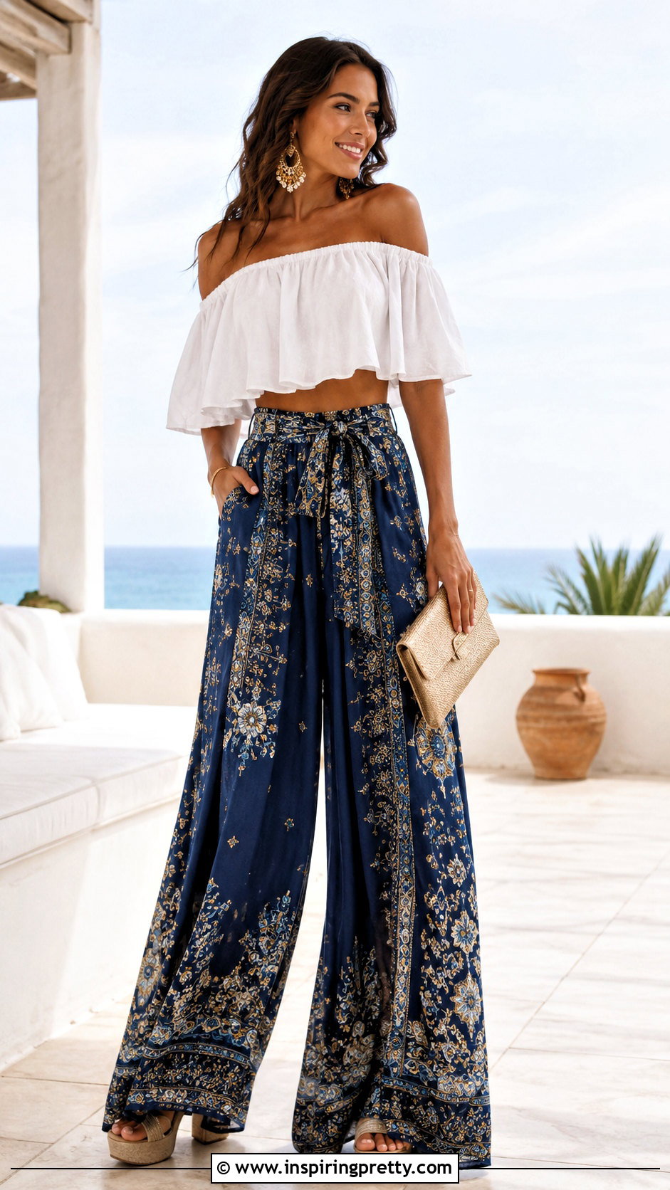 Off Shoulder Loose Crop Top With Palazzo Pants - 50 loose crop top outfits