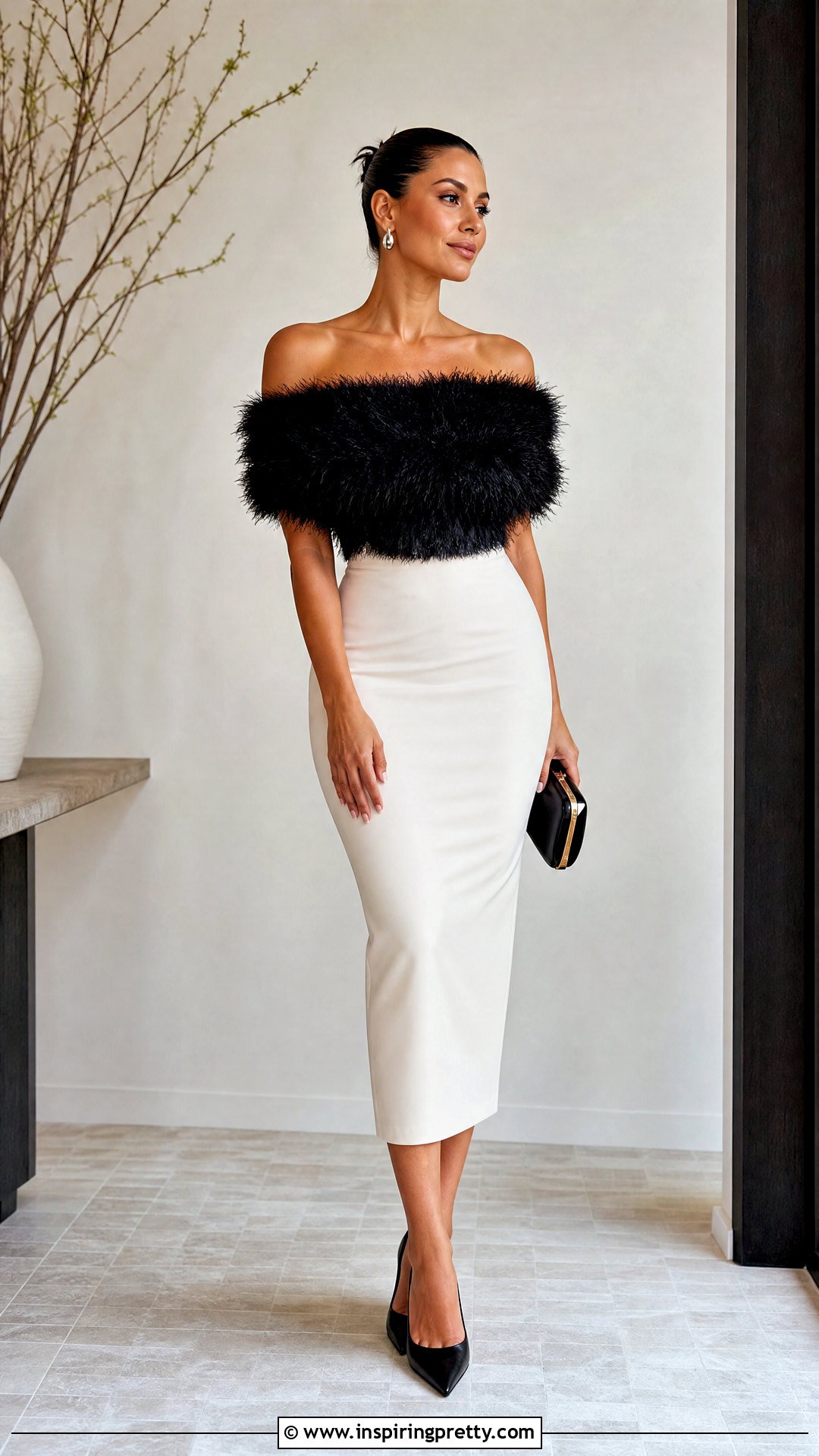Off Shoulder Marabou Top With Midi Skirt - 20 Marabou Top outfit ideas